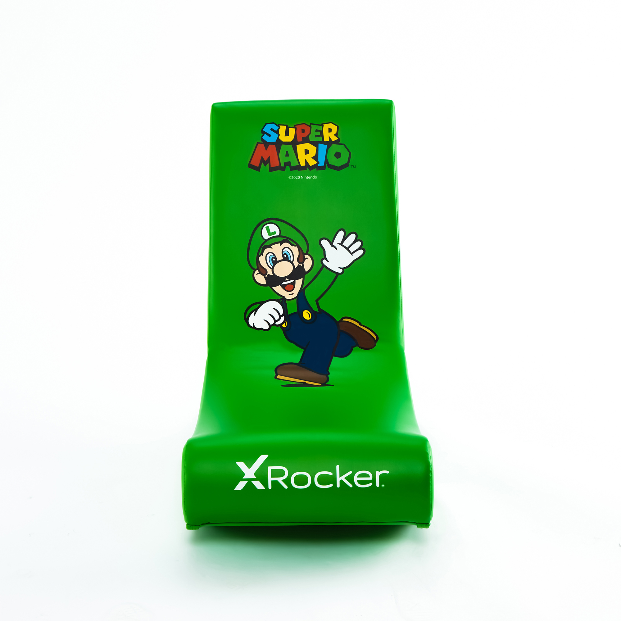 Groene gamestoel met Luigi-afbeelding en Super Mario-logo.