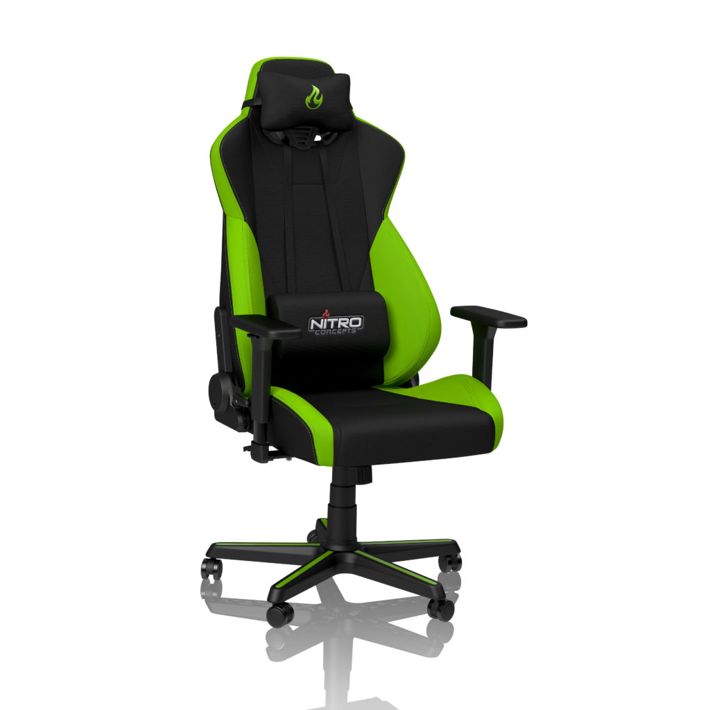 Schwarzer Gaming-Stuhl mit neongrünen Akzenten und Logo