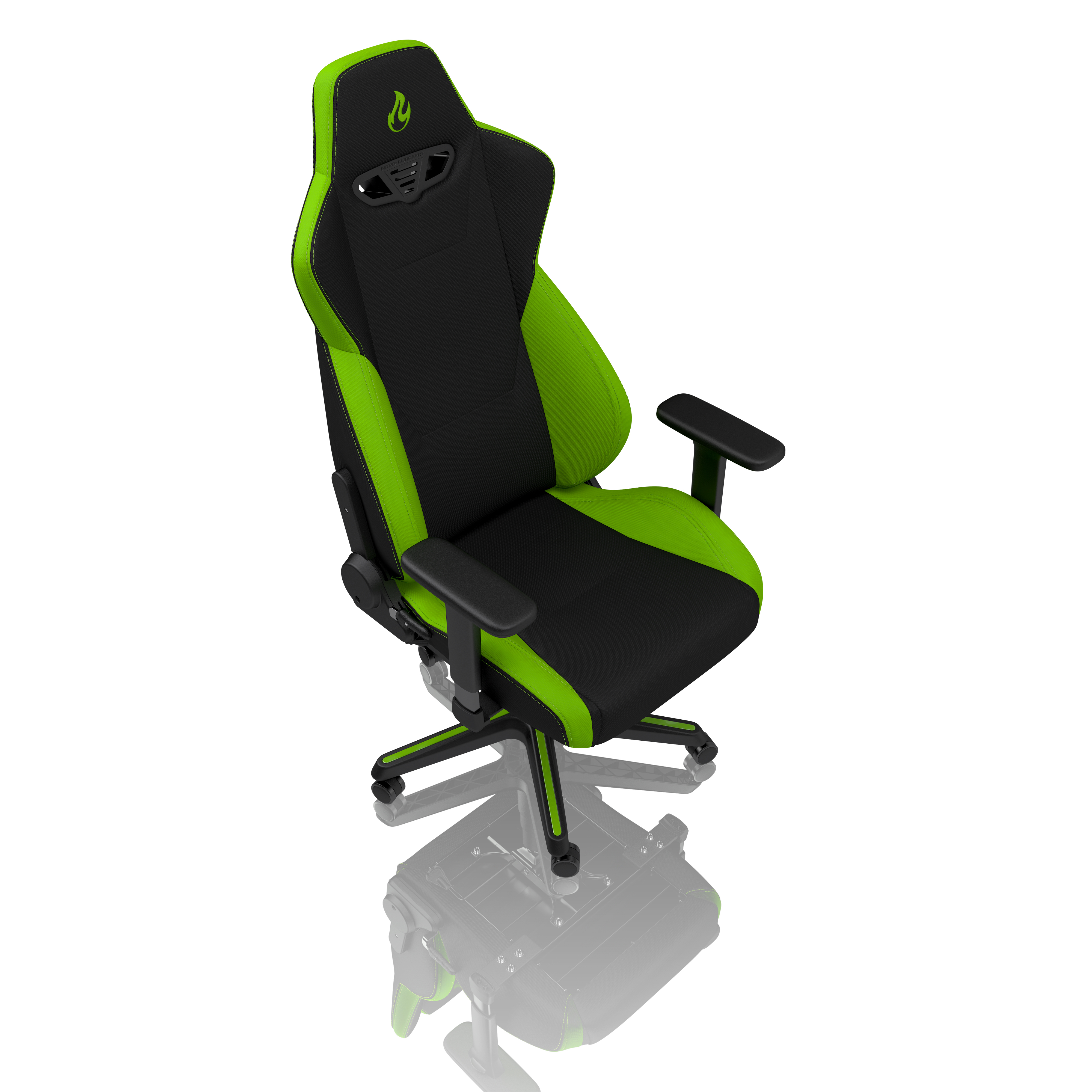 Ein schwarzer Gaming-Stuhl mit leuchtend grünen Akzenten und Armlehnen.