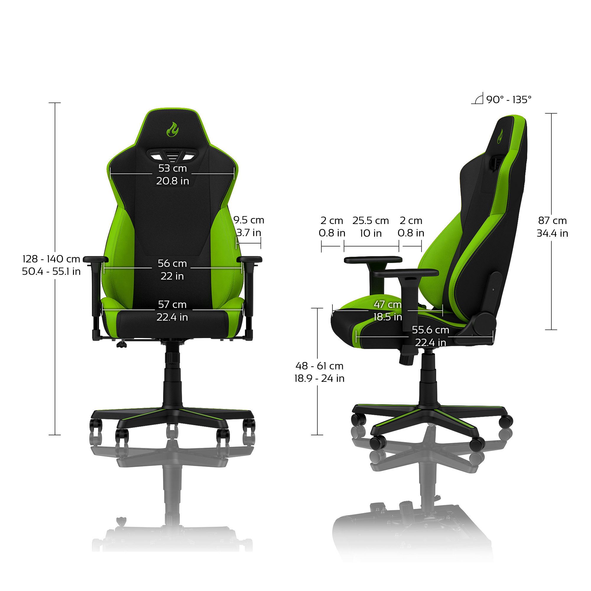 Schwarzer und grüner Gaming-Stuhl mit Maßen und Verstellbereich.