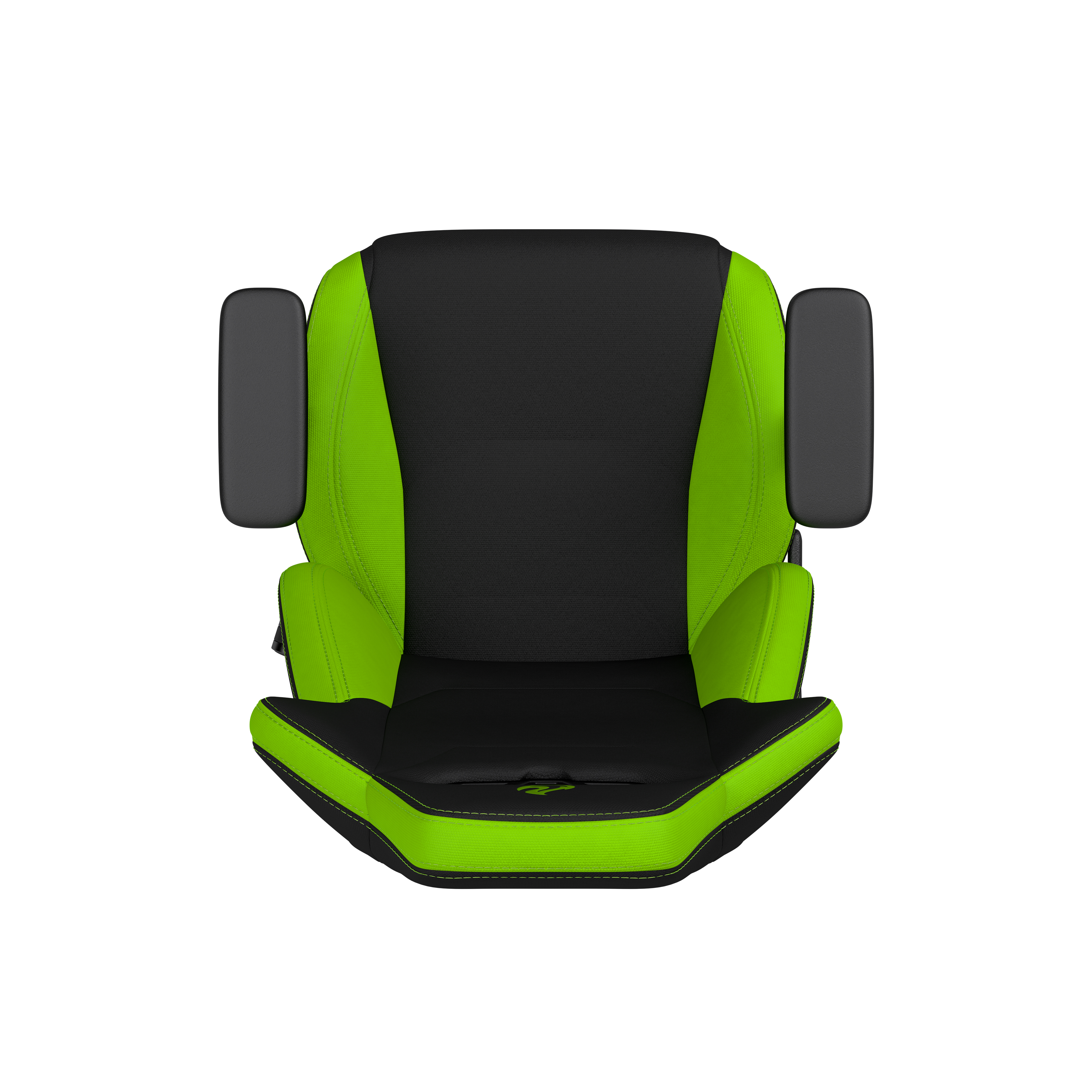 Ein schwarzer und neongrüner Gaming-Stuhl von oben gesehen.