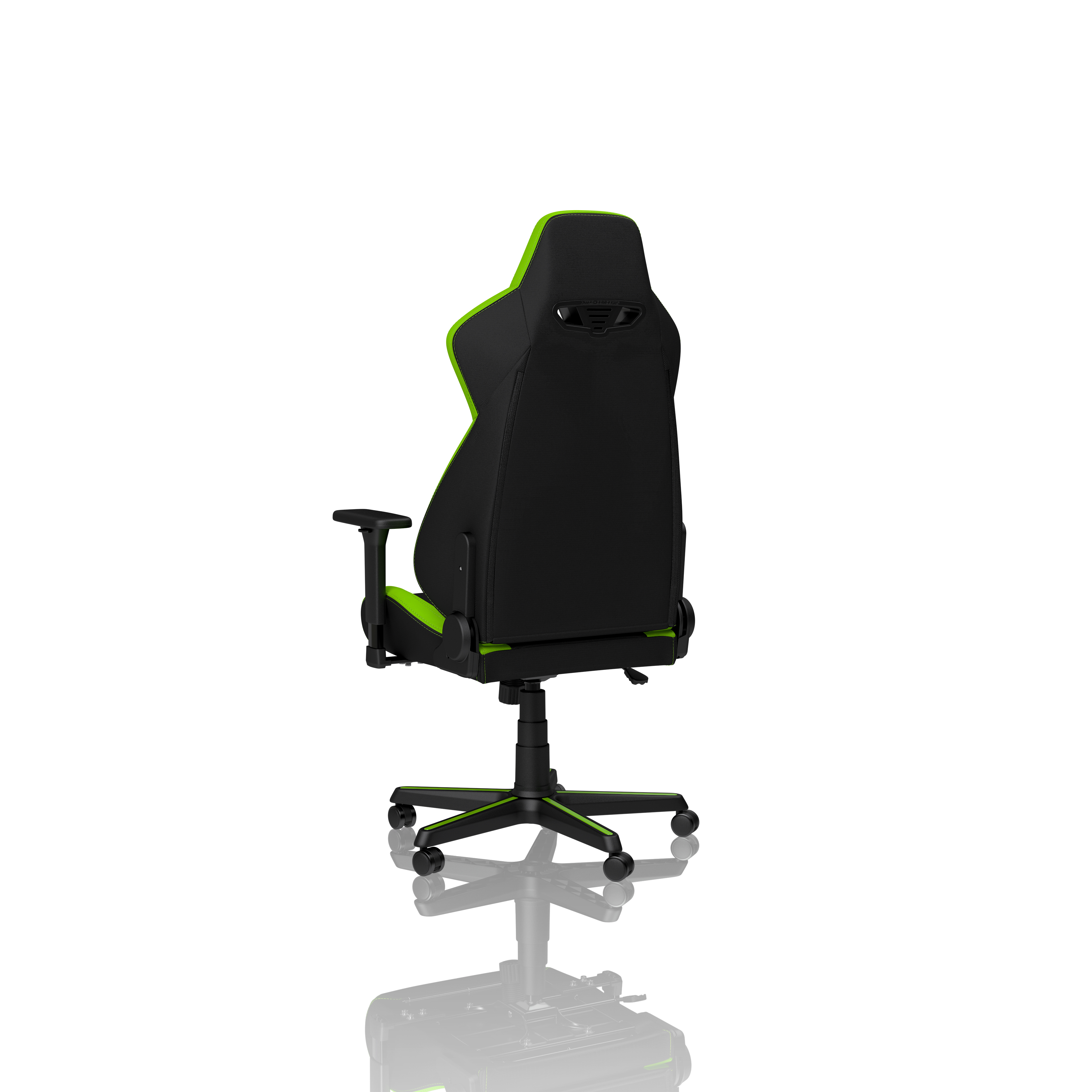 Schwarzer Gamingstuhl mit neongrünen Akzenten, von hinten gezeigt.
