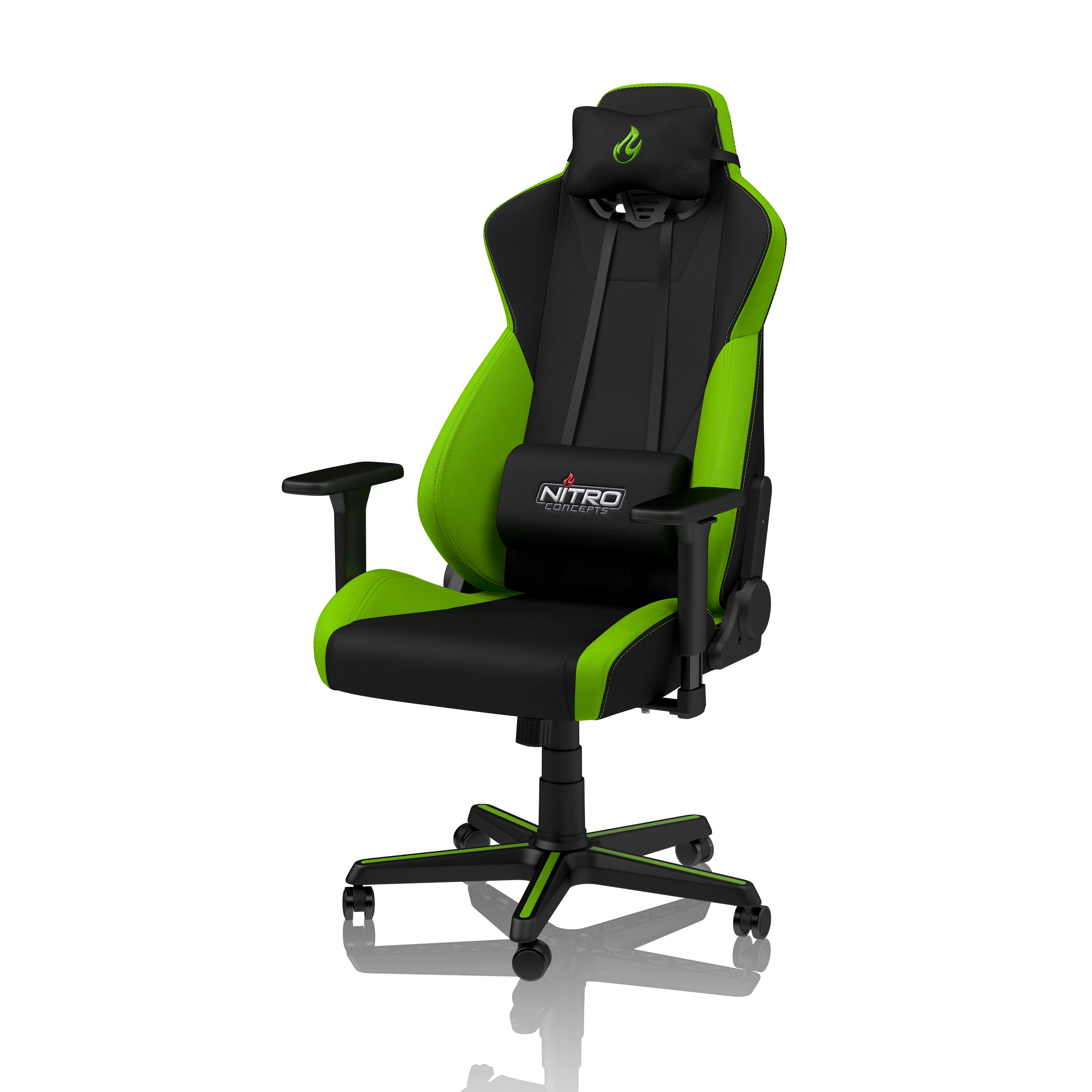 Ein schwarzer Gaming-Stuhl mit leuchtend grünen Akzenten und einem Logo.