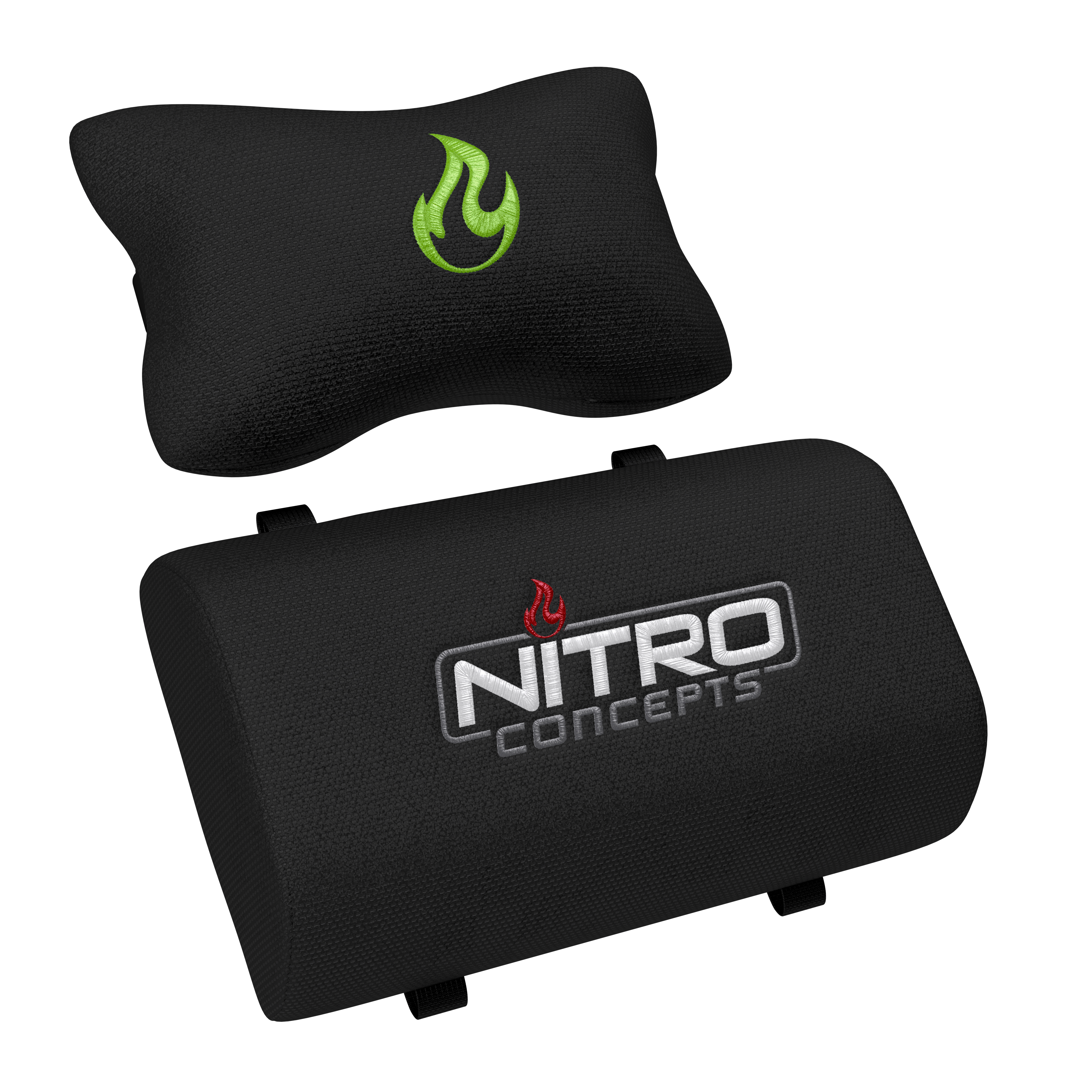 Zwei schwarze Kissen mit Logos. Ein kleineres mit grünem Flammenlogo, ein größeres mit weißem Nitro Concepts-Logo.