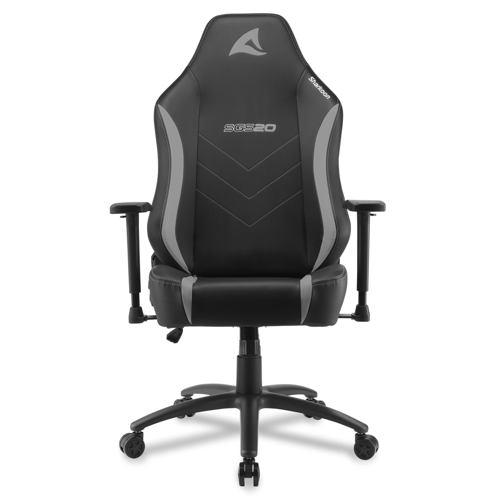 Silla gamer negra con detalles grises, logo SGS20 y texto Sharkoon.