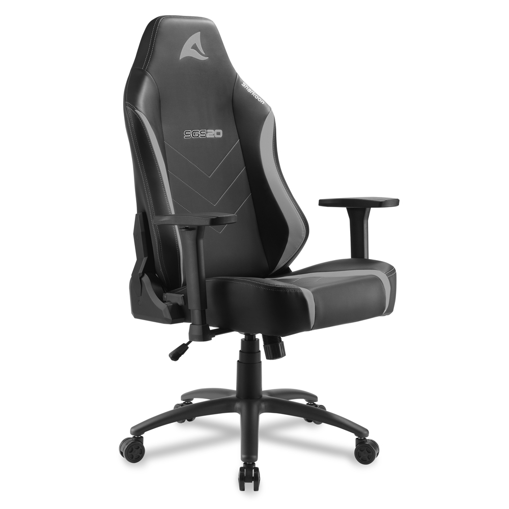 Una silla gamer negra con detalles grises y el logo de Sharkoon.