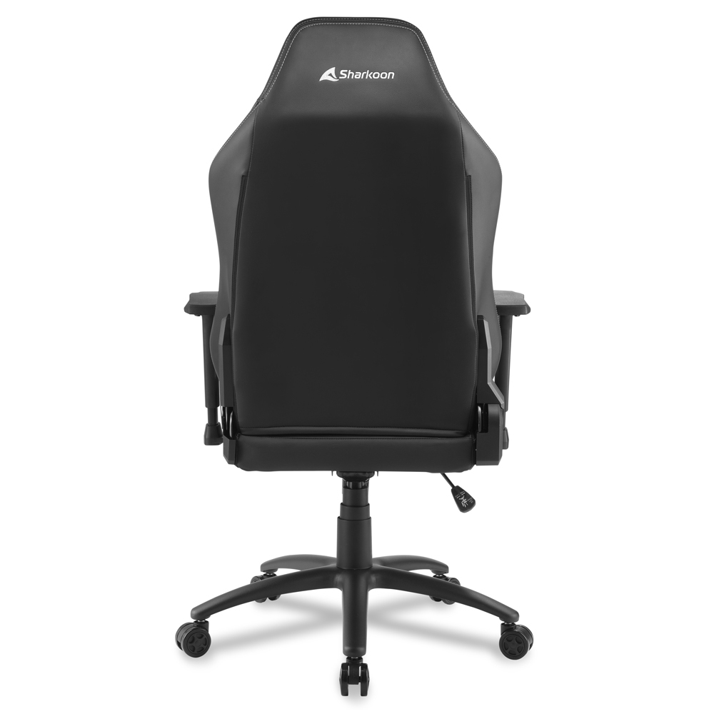 Silla gaming negra Sharkoon, vista trasera con respaldo ajustable y ruedas.