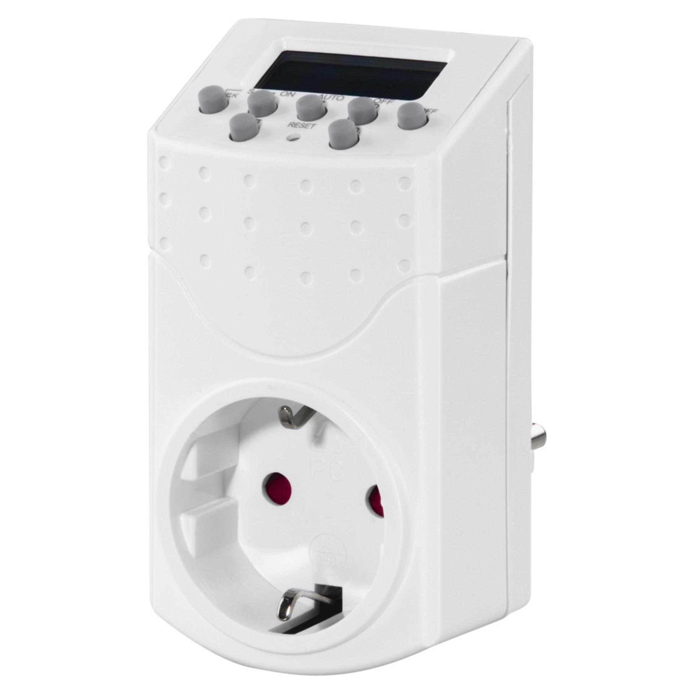 Un timer digitale bianco plug-in con schermo LCD e sei pulsanti grigi.