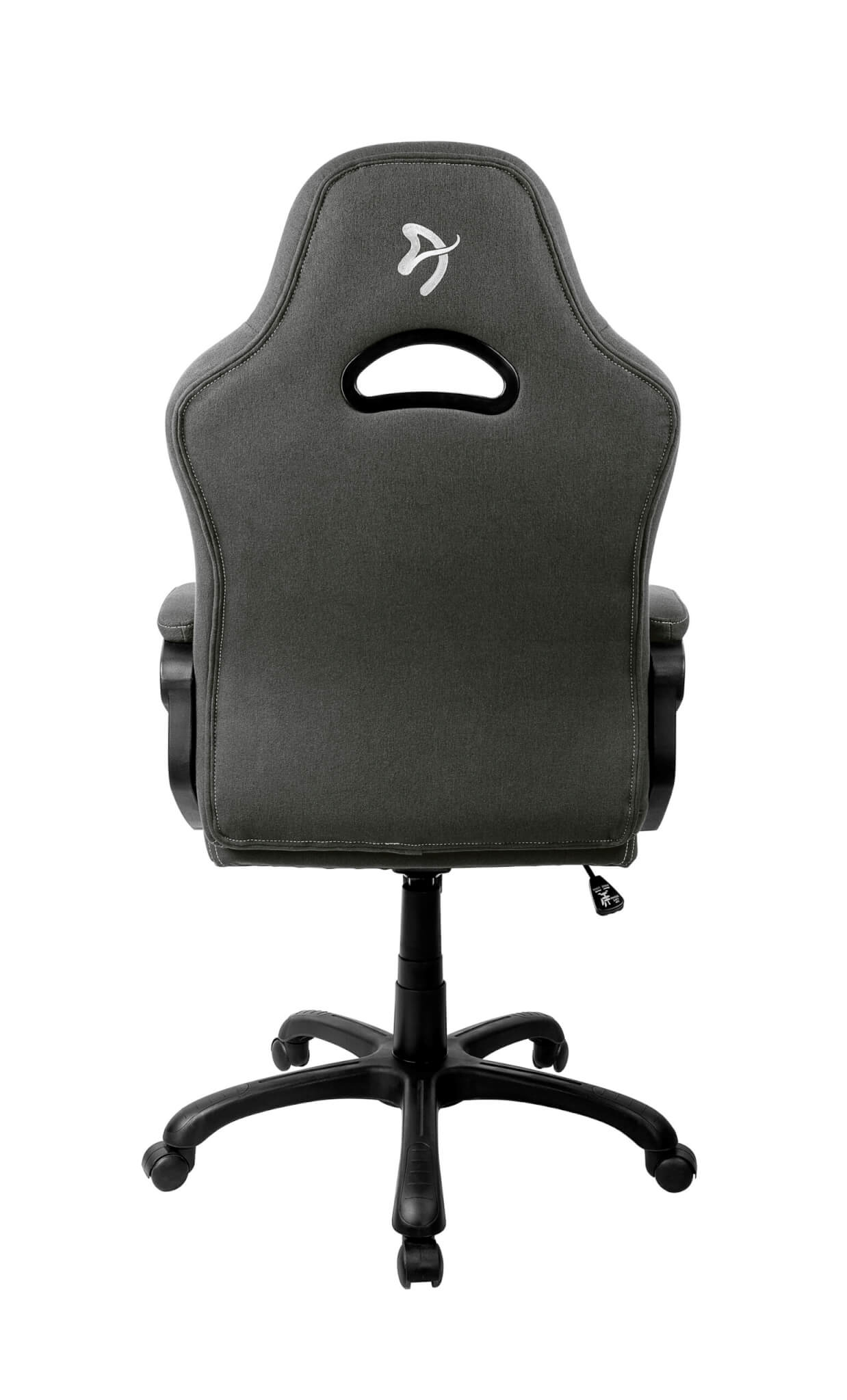 Sedia da gaming grigio scuro con logo bianco sullo schienale e base nera.