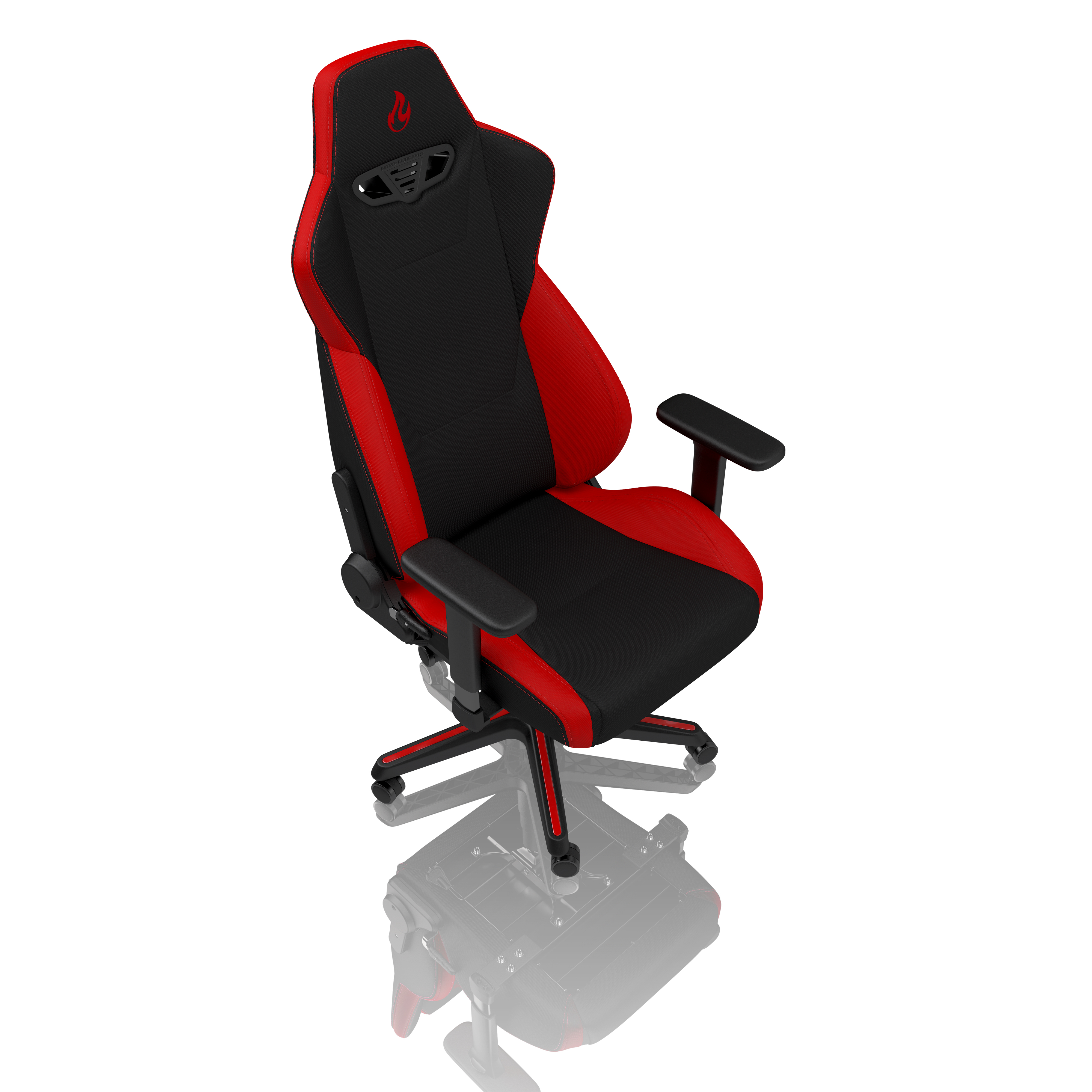 Una sedia da gaming nera e rossa con braccioli e ruote.