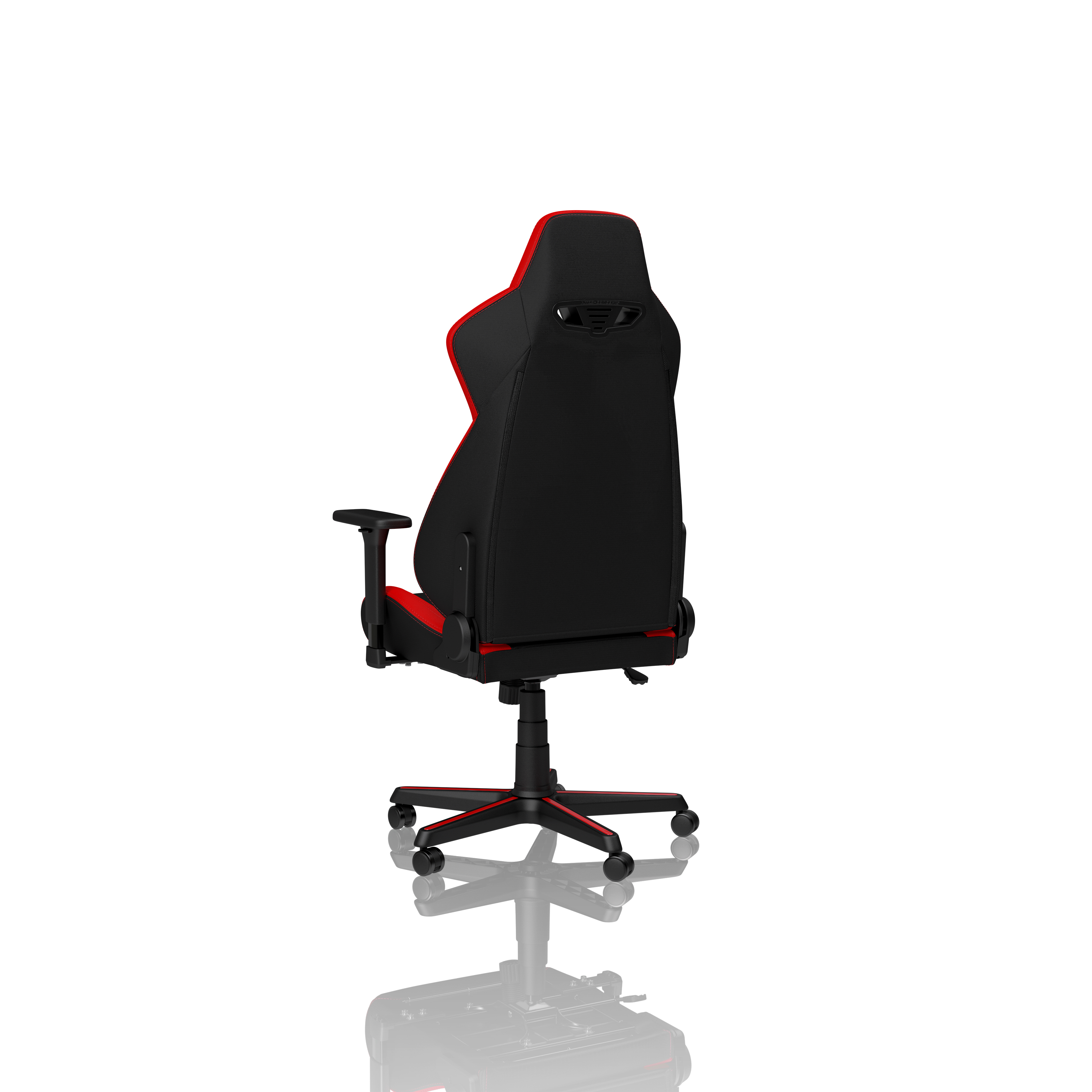 Sedia da ufficio nera con accenti rossi, vista da dietro.
