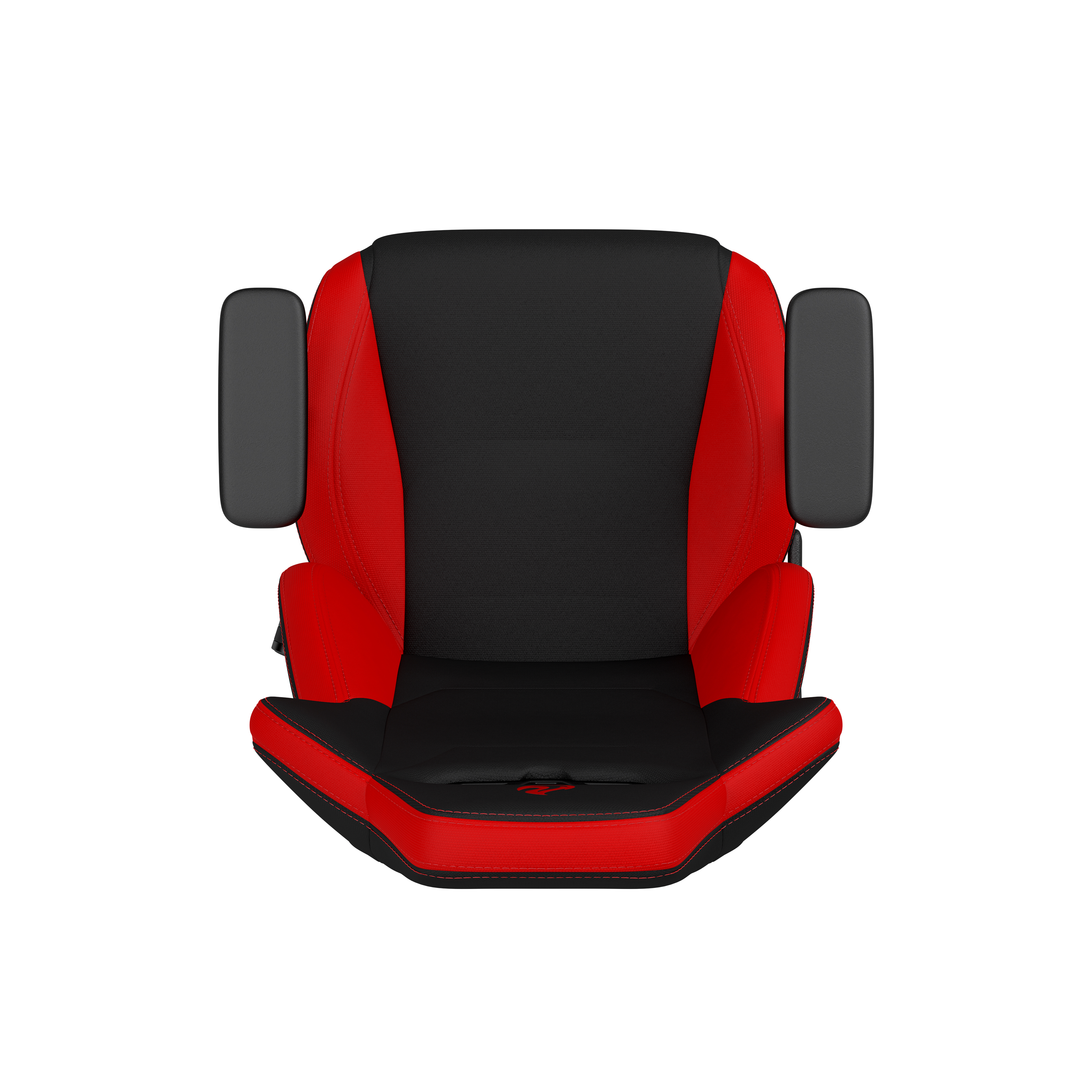 Una sedia da gaming rossa e nera vista dall'alto.
