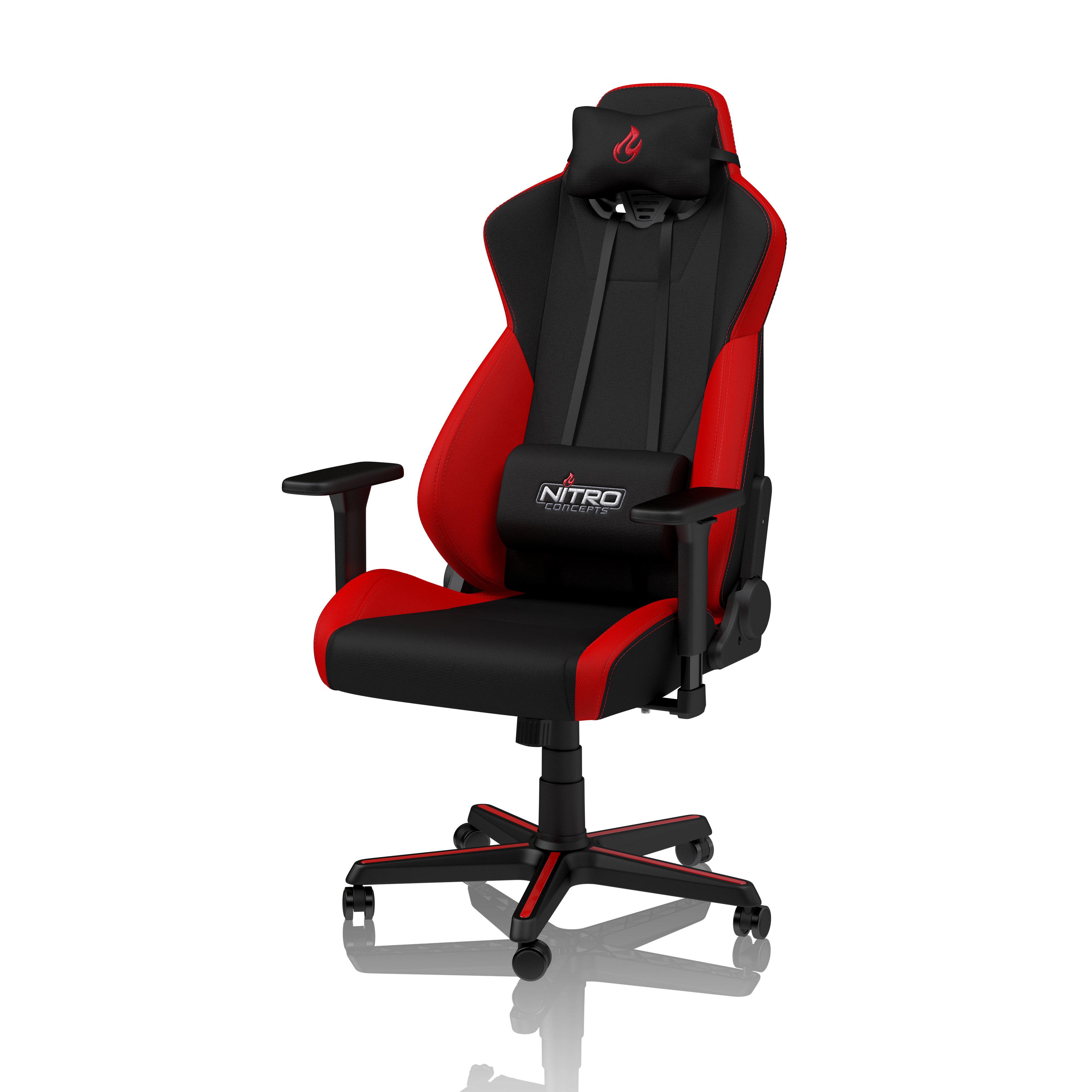 Sedia da gaming rossa e nera con cuscino lombare e poggiatesta.