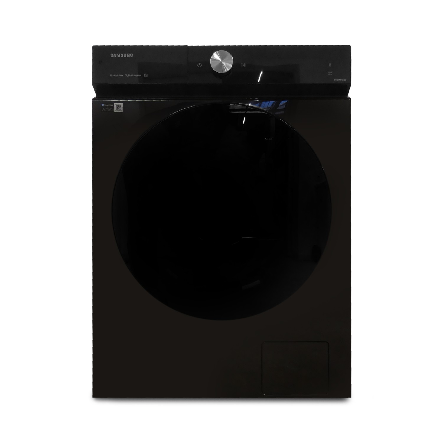 Schwarze Samsung Waschmaschine mit großem runden Glasfenster und silbernem Drehregler.