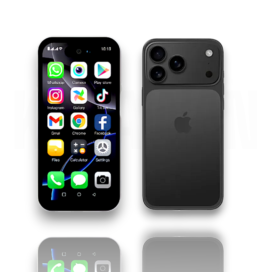 Dos smartphones negros uno al lado del otro. Uno muestra aplicaciones, el otro su parte trasera.