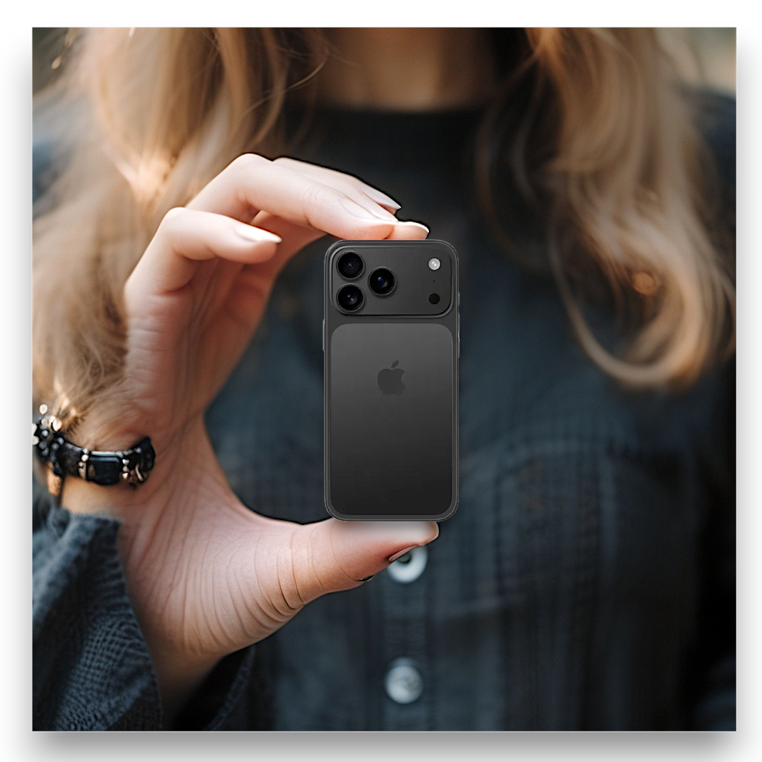 Una mujer sostiene un iPhone negro con cámaras en la mano.