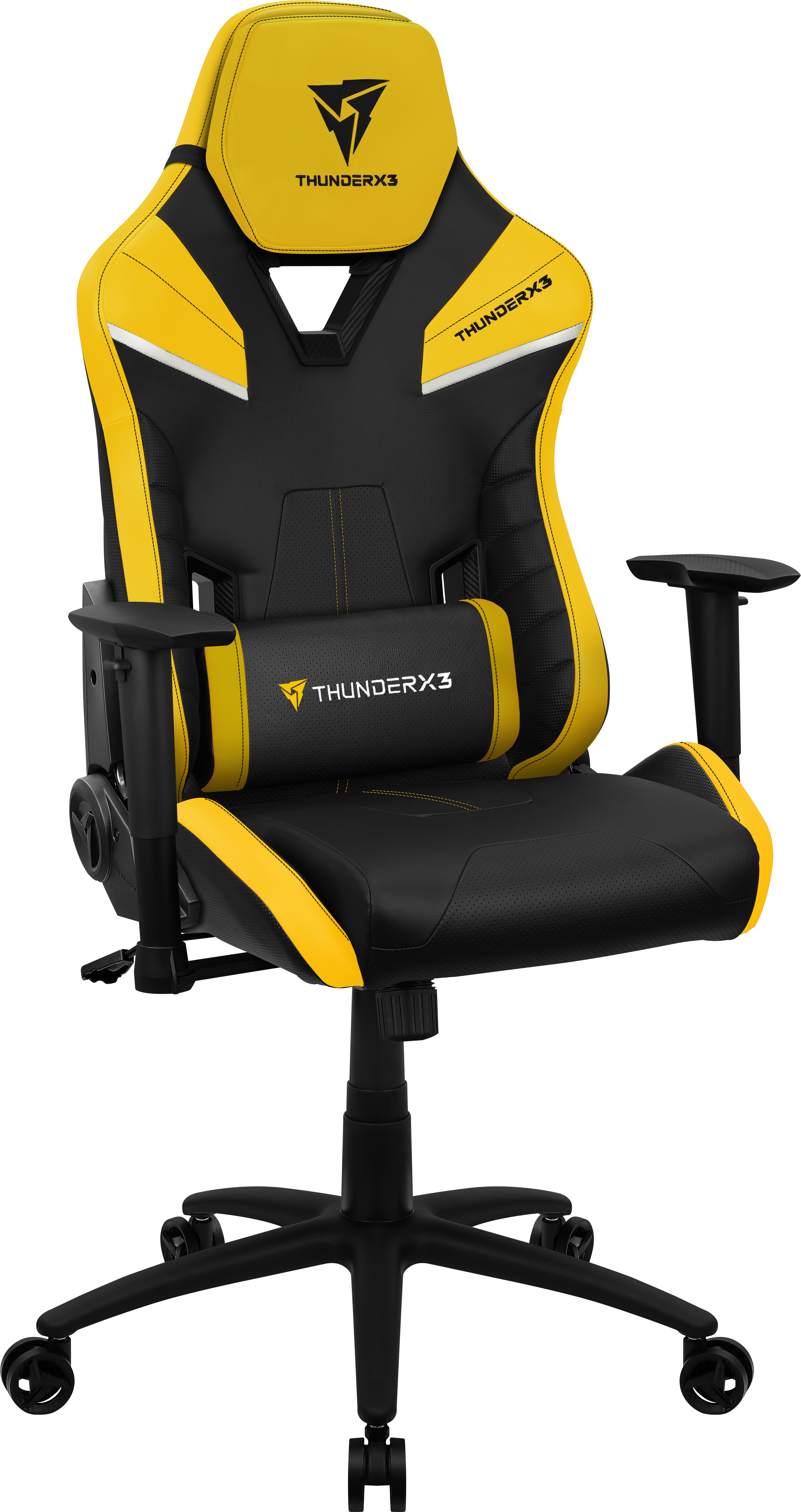 Zwarte gamestoel met gele accenten en THUNDERX3 logo.
