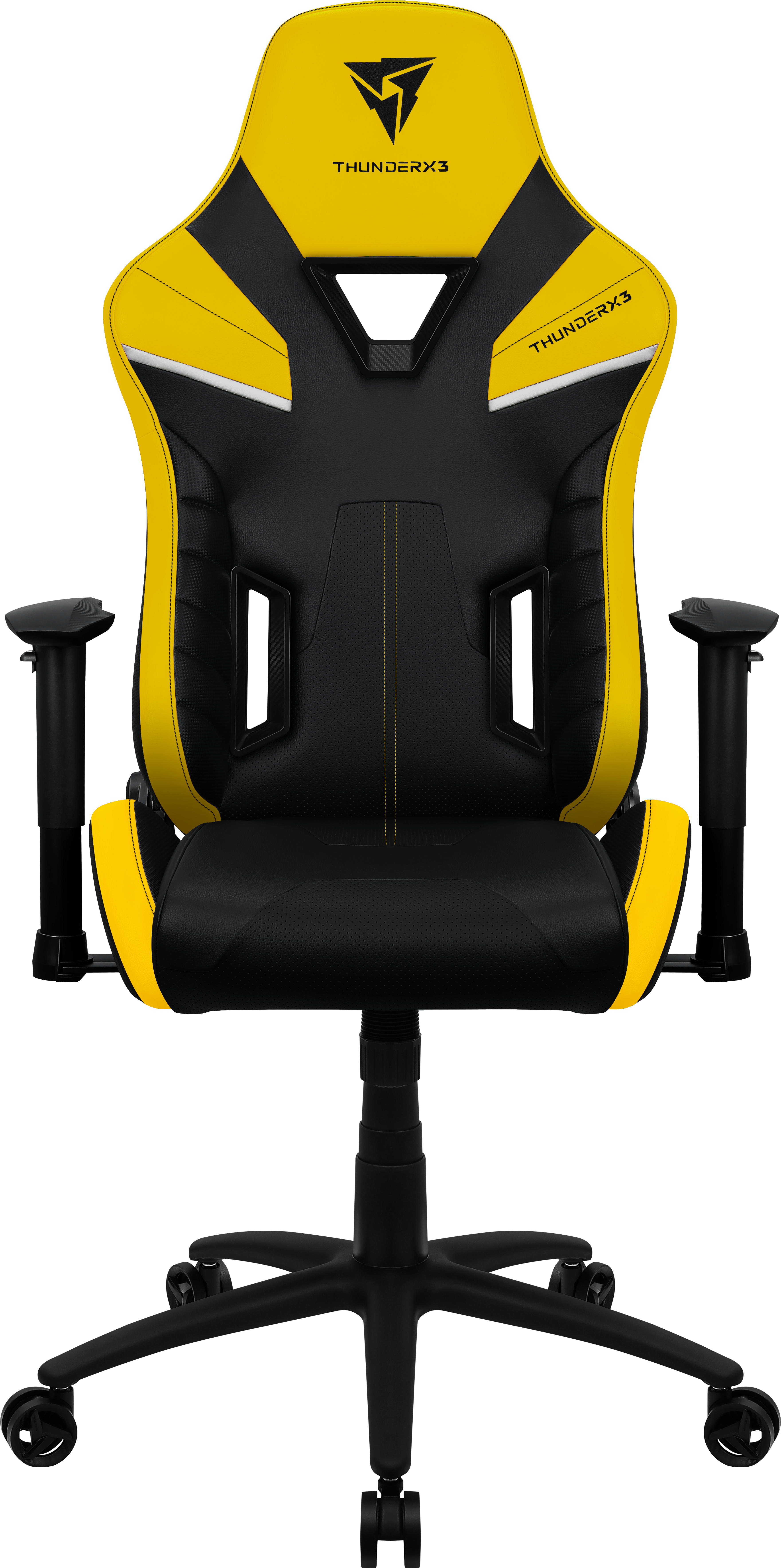Zwarte gamestoel met gele accenten, logo en tekst.