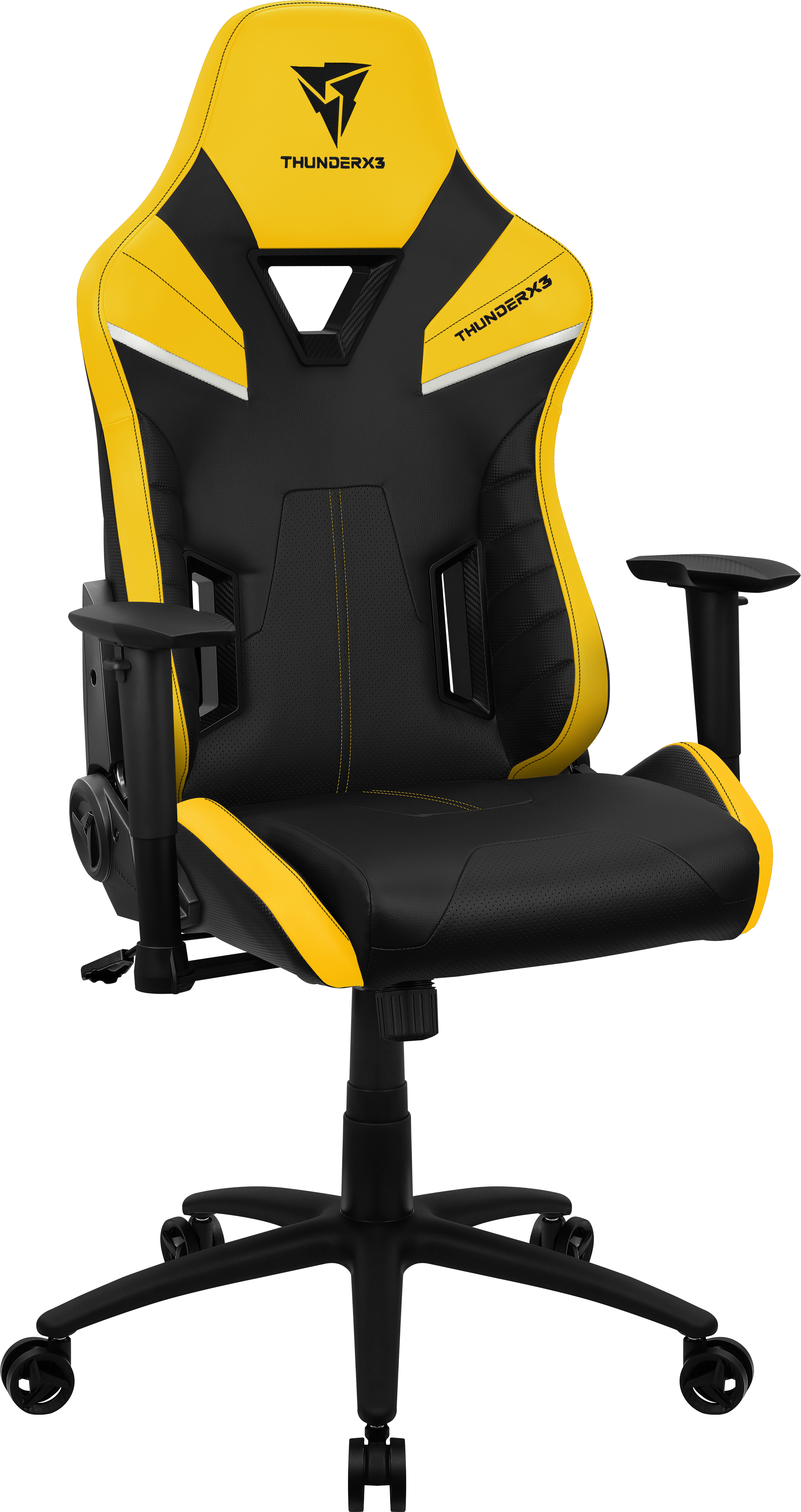 Zwarte gamestoel met gele accenten en THUNDERX3 logo.
