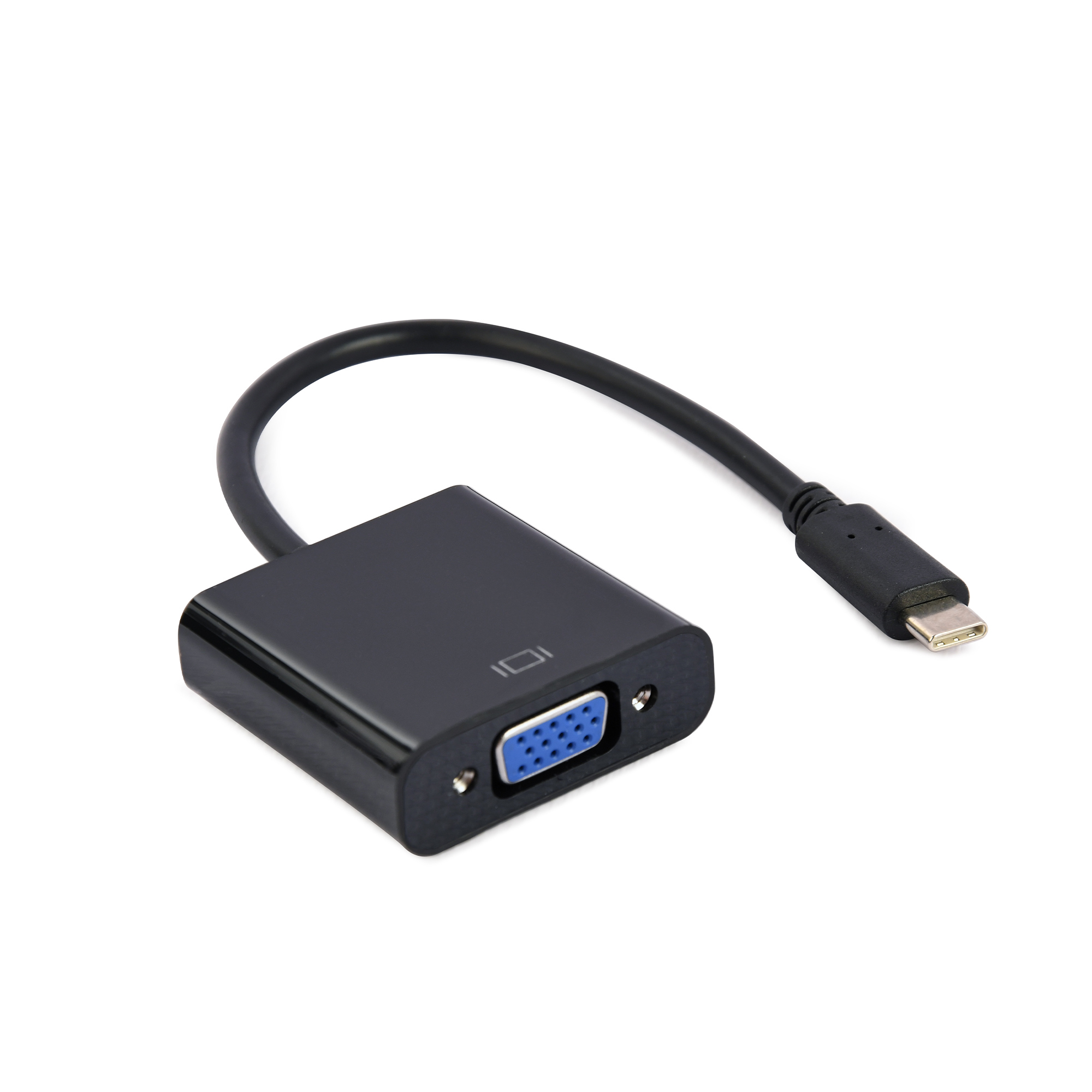 Schwarzer USB-C-zu-VGA-Adapter mit blauem VGA-Anschluss und weißem Logo.