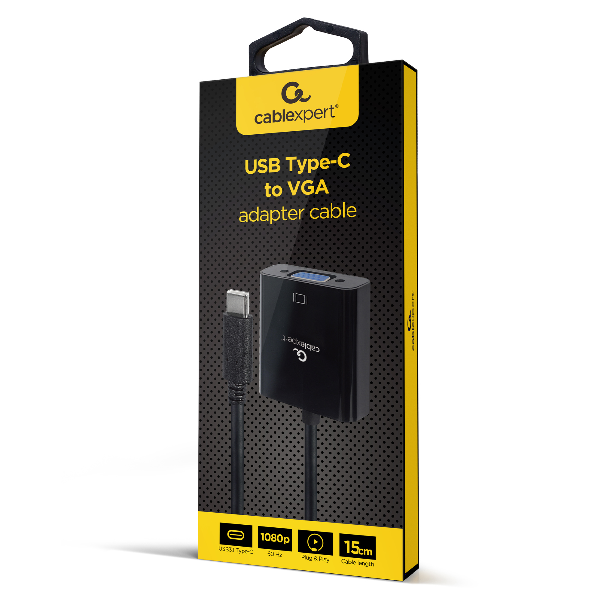 Verpackung eines USB-C-zu-VGA-Adapterkabels von Cablexpert mit 1080p-Unterstützung.