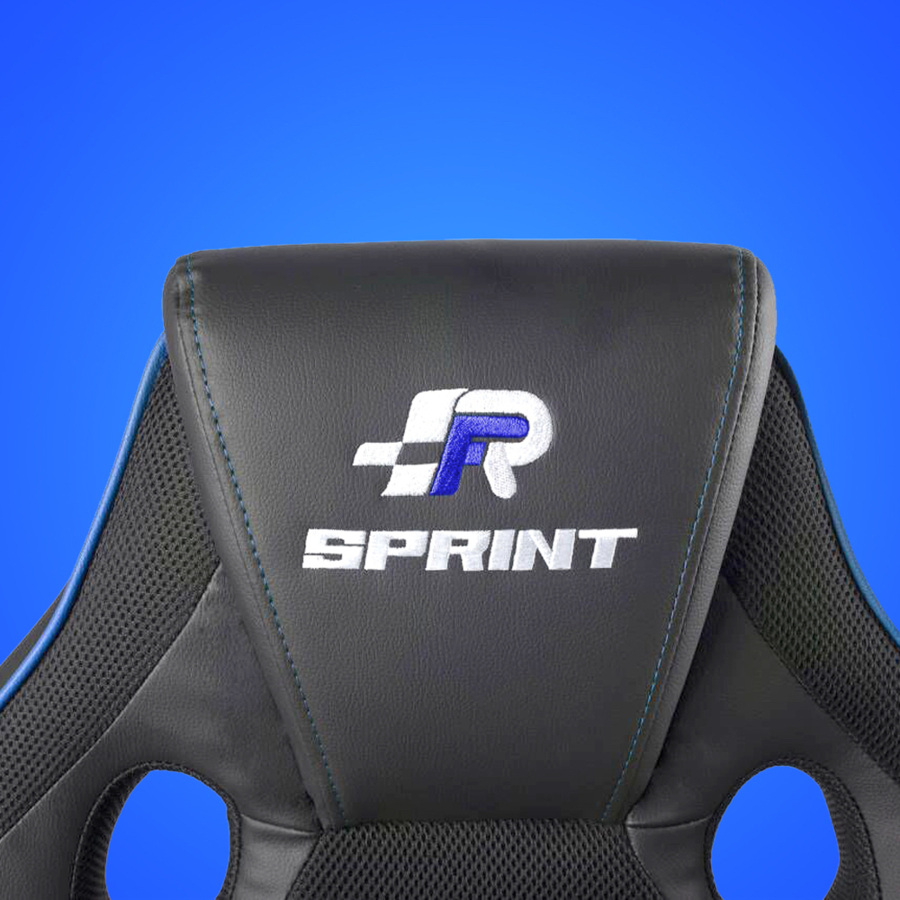 Una silla de carreras negra con logo blanco y azul y la palabra SPRINT.