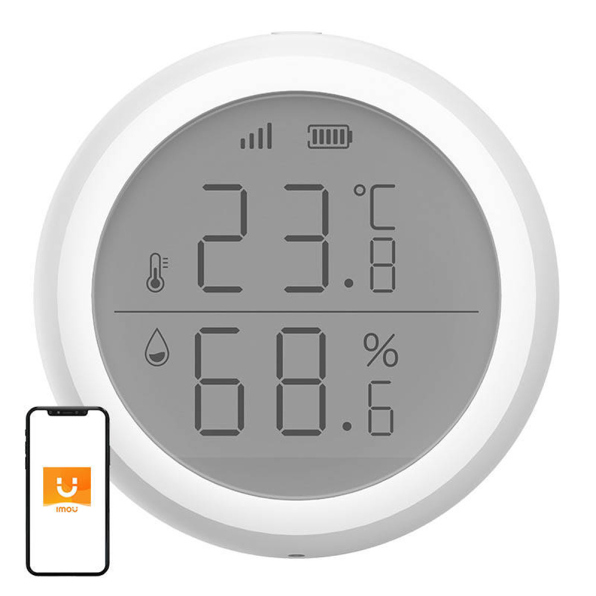 Un termometro/igrometro digitale rotondo bianco mostra 23,8°C e 68,6% di umidità.