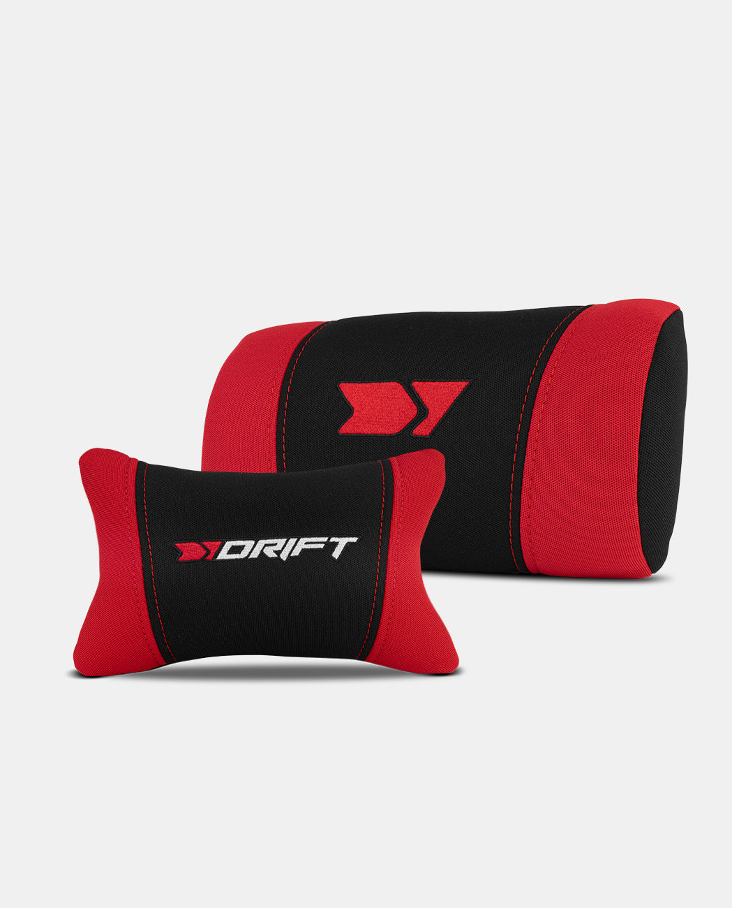 Due cuscini neri e rossi per il collo, con logo 'Drift'.
