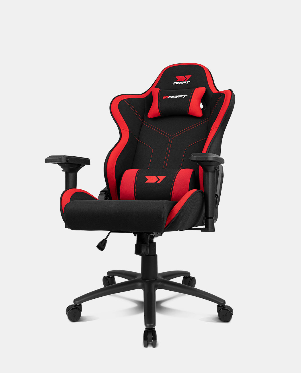 Sedia da gaming nera e rossa con cuscini lombari e poggiatesta. Braccioli regolabili e base a cinque ruote.