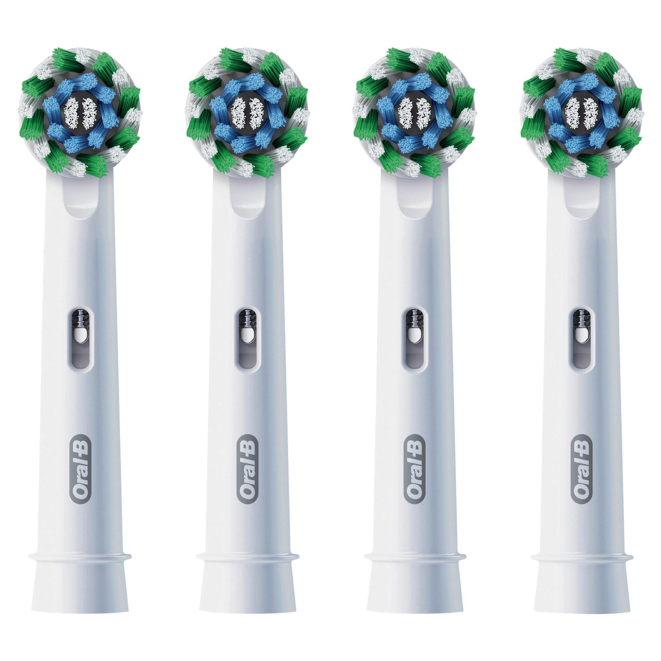 Quattro testine Oral-B bianche con setole blu, verdi e bianche.