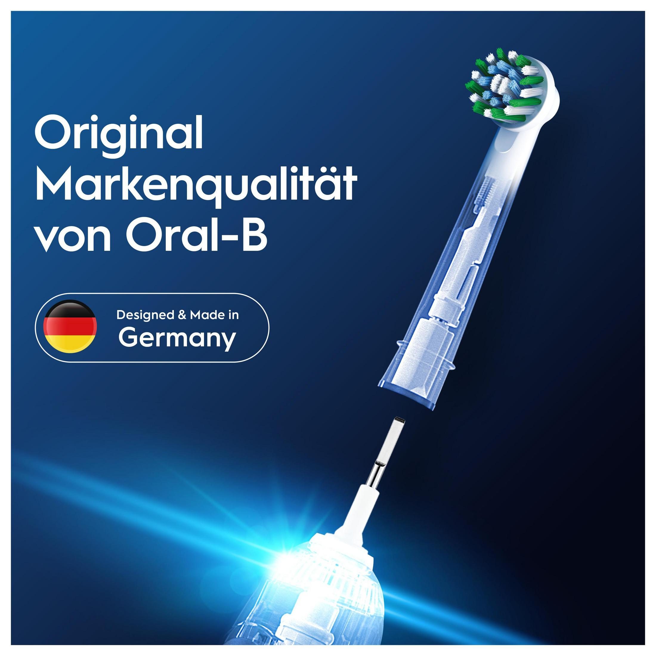 Testina Oral-B con logo bandiera tedesca, setole blu e verdi.