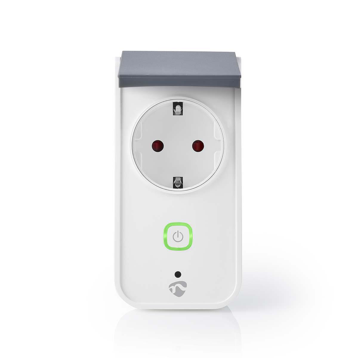 A white smart plug with a socket hole, an on/off button, and a logo.