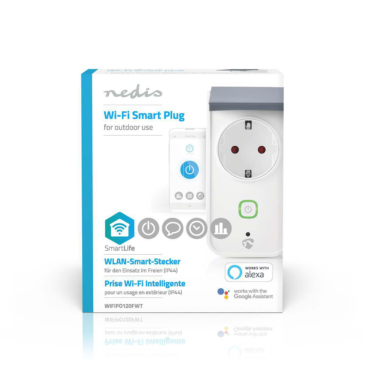 Nedis Wi-Fi Smart Plug for outdoor use. Works with Alexa and Google Assistant.
