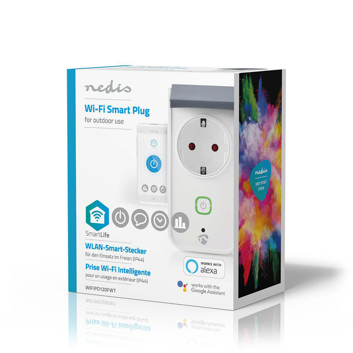 Packaging for a Nedis Wi-Fi Smart Plug for outdoor use with icons.