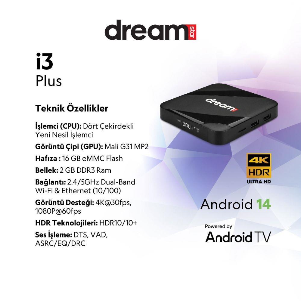 Android 14 çalıştıran siyah bir Android TV kutusu, i3 Plus.