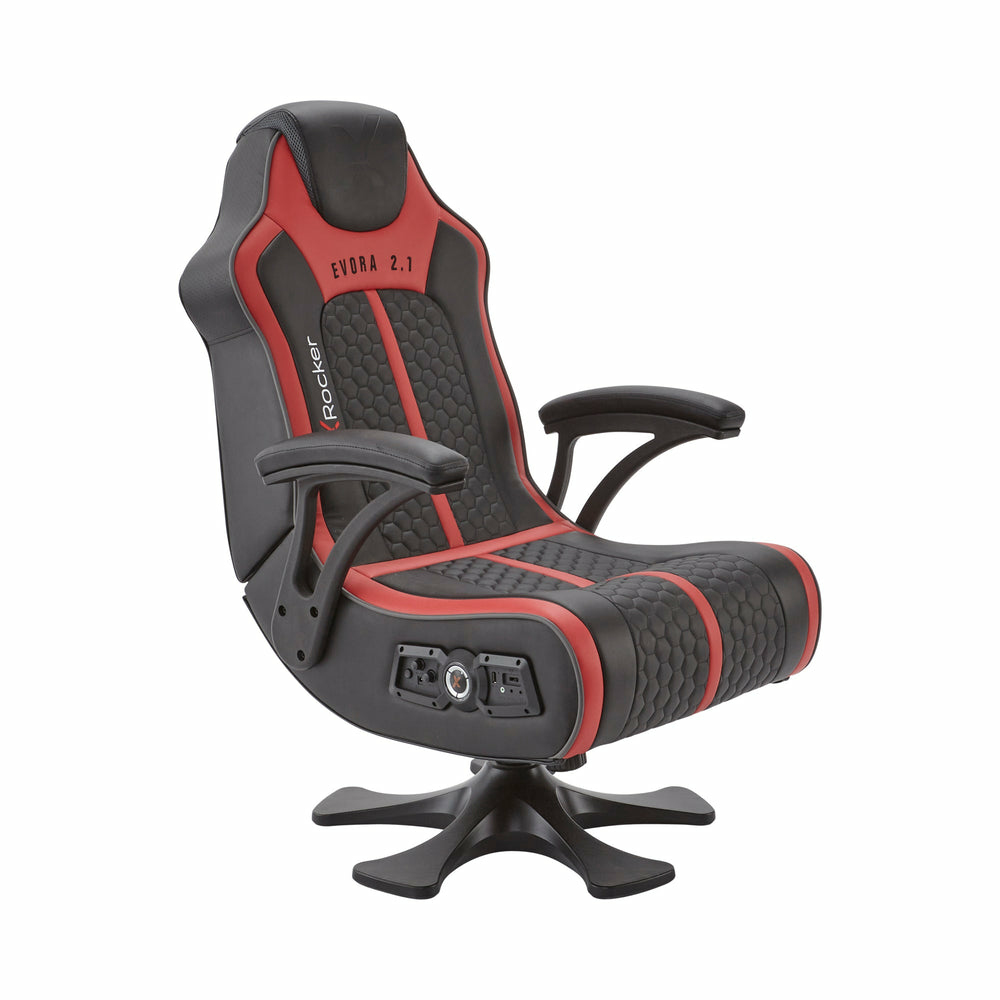Ein schwarzer und roter Gaming-Stuhl mit Armlehnen und einem Sockel.