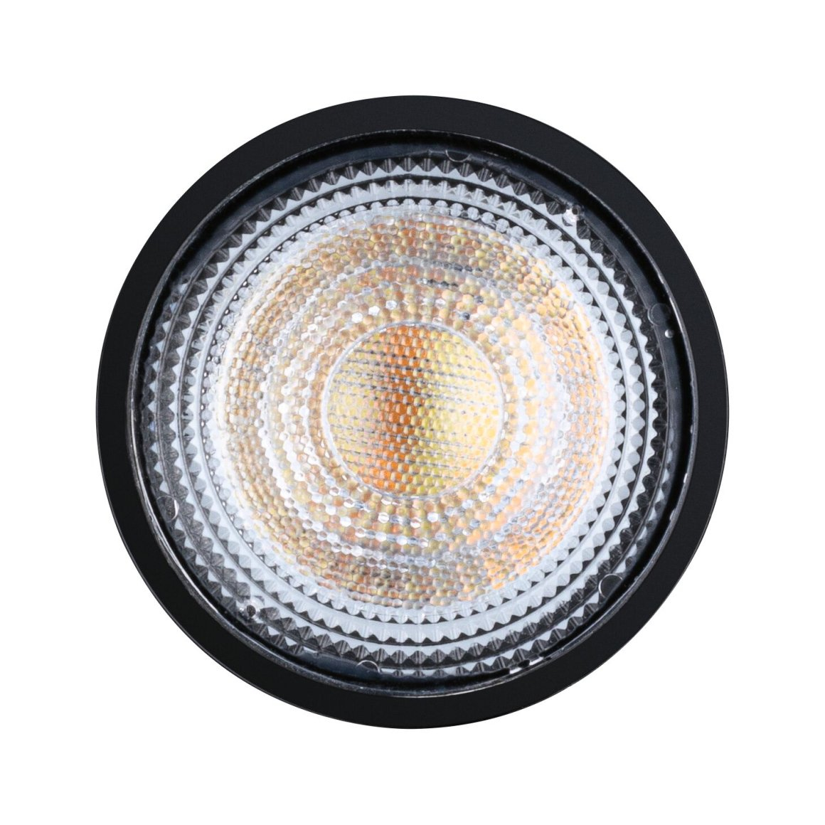 Eine Nahaufnahme einer schwarzen LED-Lampe mit einem konzentrischen Muster aus kleinen Lichtern.