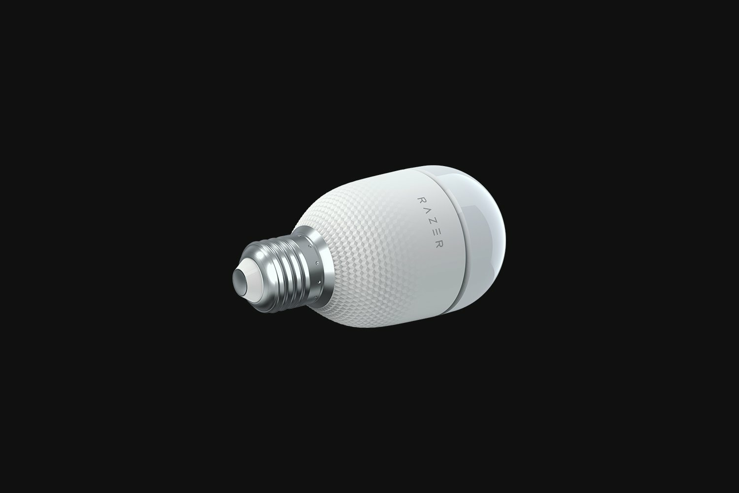 Una lampadina smart Razer bianca con corpo testurizzato e base argentata su sfondo nero.
