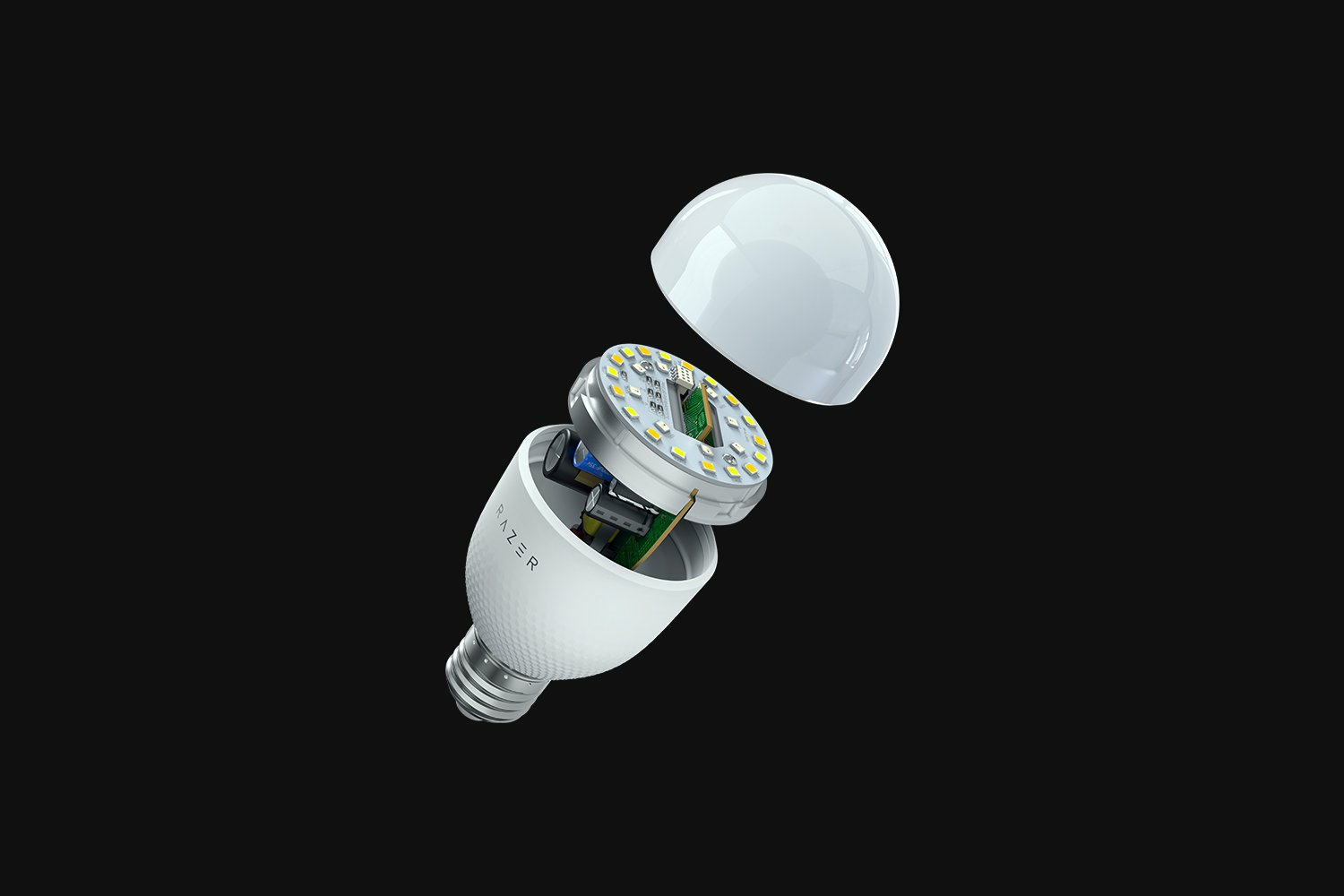 Una lampadina bianca smontata mostra i suoi componenti interni su sfondo nero.