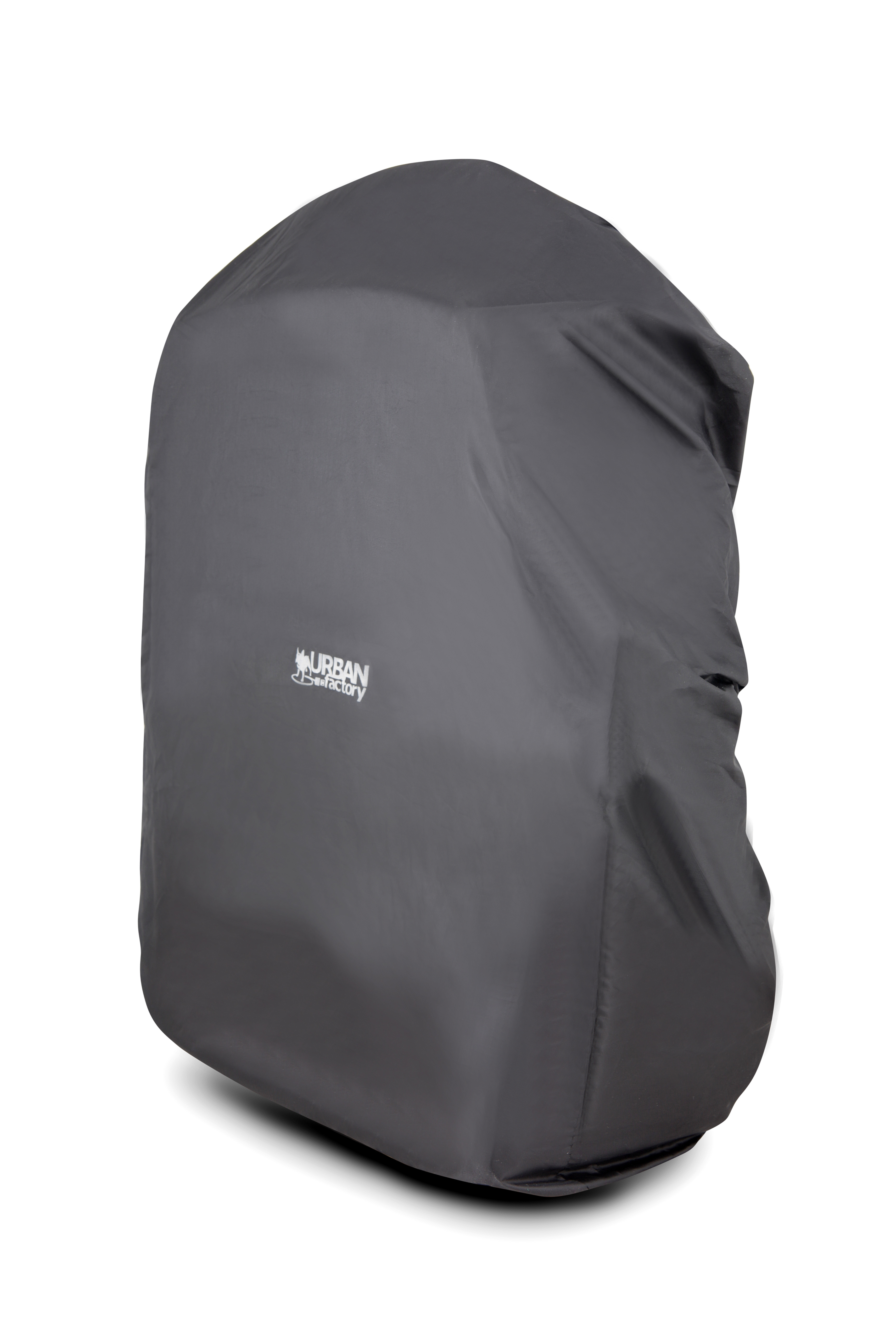 Ein grauer Rucksack-Schutzbezug mit dem URBAN Schriftzug. Weiß auf grau.