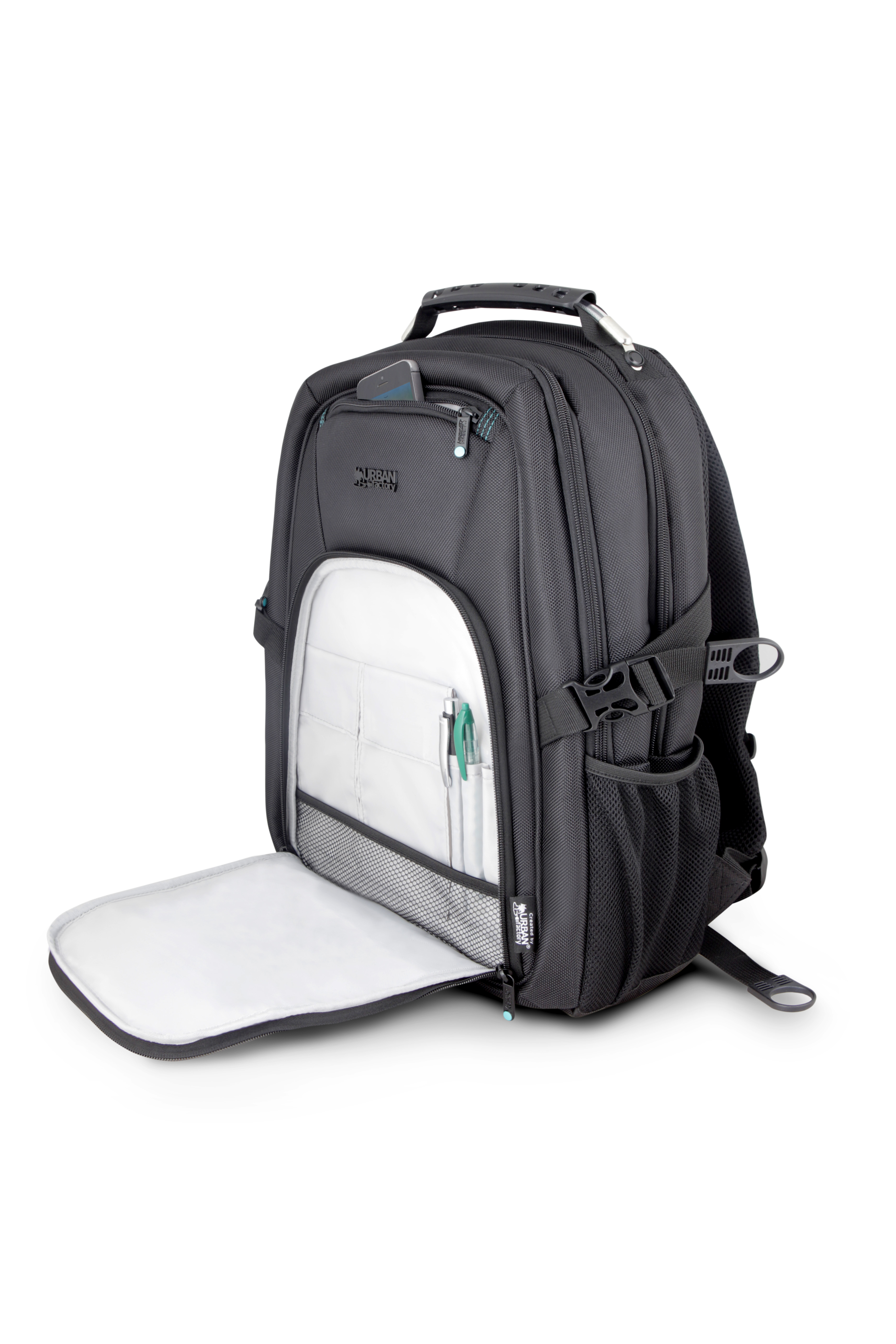 Schwarzer Rucksack mit offenem Fach, Handy und Stiften.