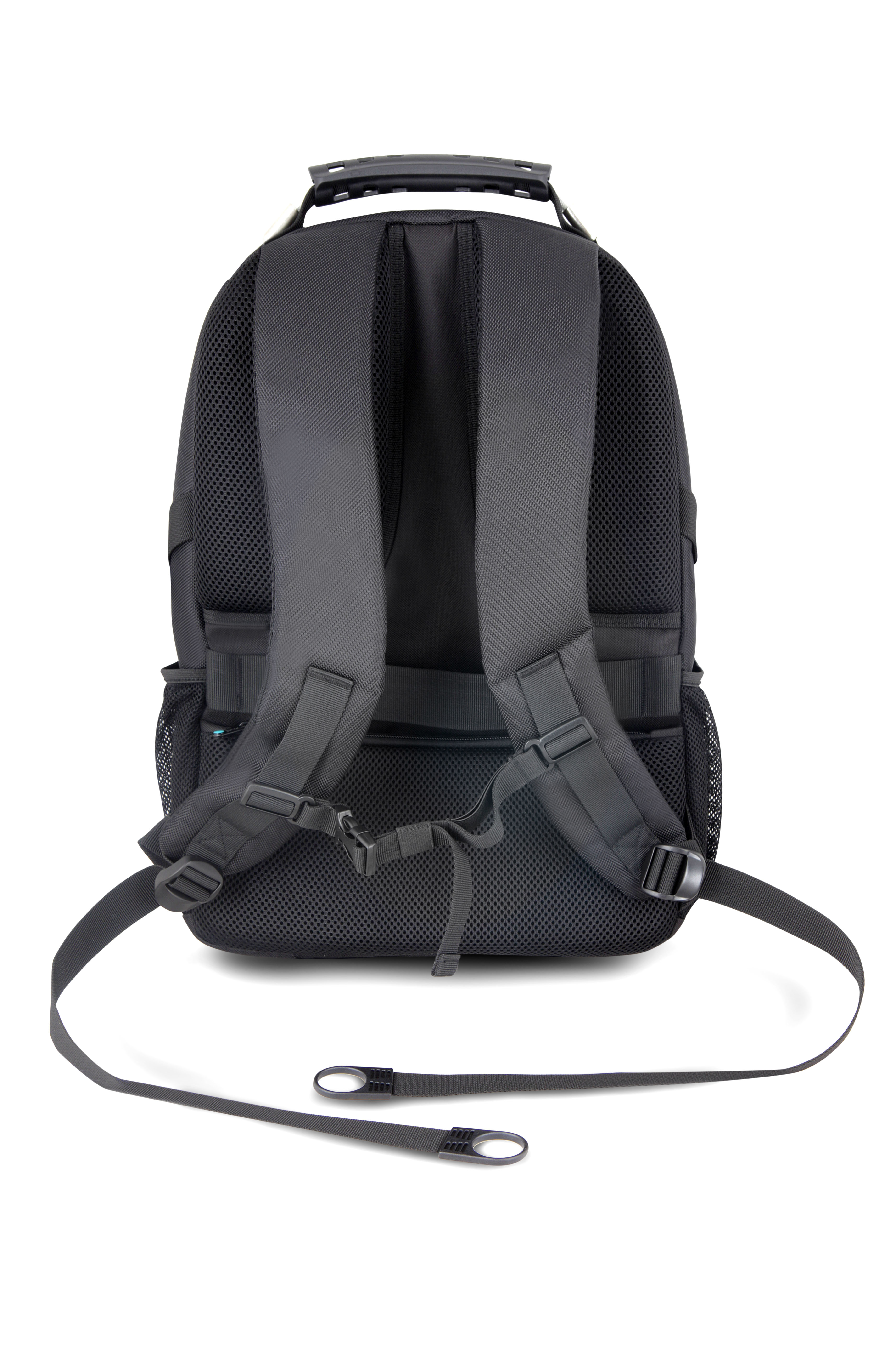 Schwarzer Rucksack von hinten mit gepolsterten Schultergurten und Tragegriff.