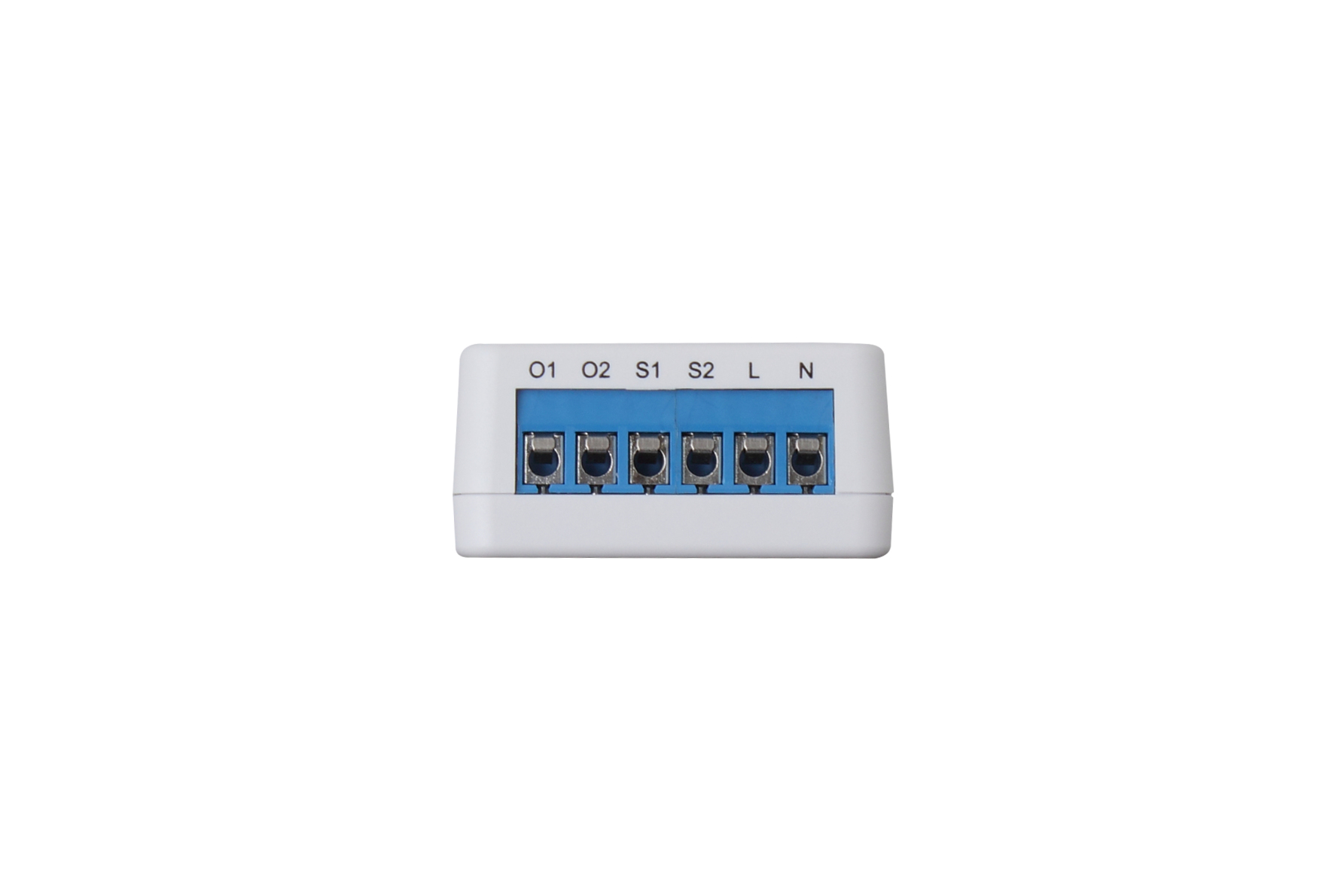 Ein weißes Gehäuse mit blauem Anschlussblock und Beschriftungen O1, O2, S1, S2, L, N.