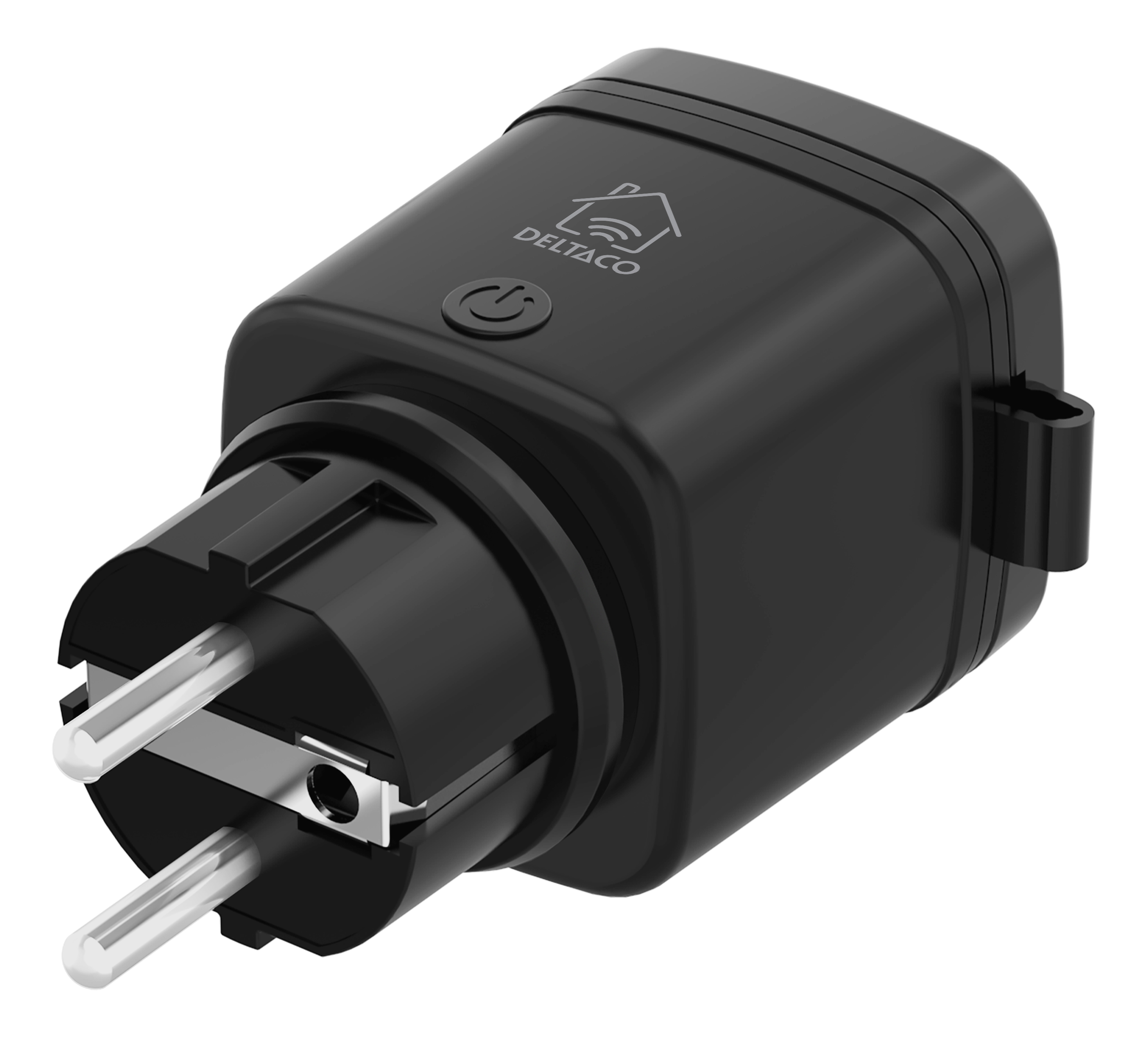 Schwarzer Smart Plug mit DELTACO-Logo und Power-Symbol.