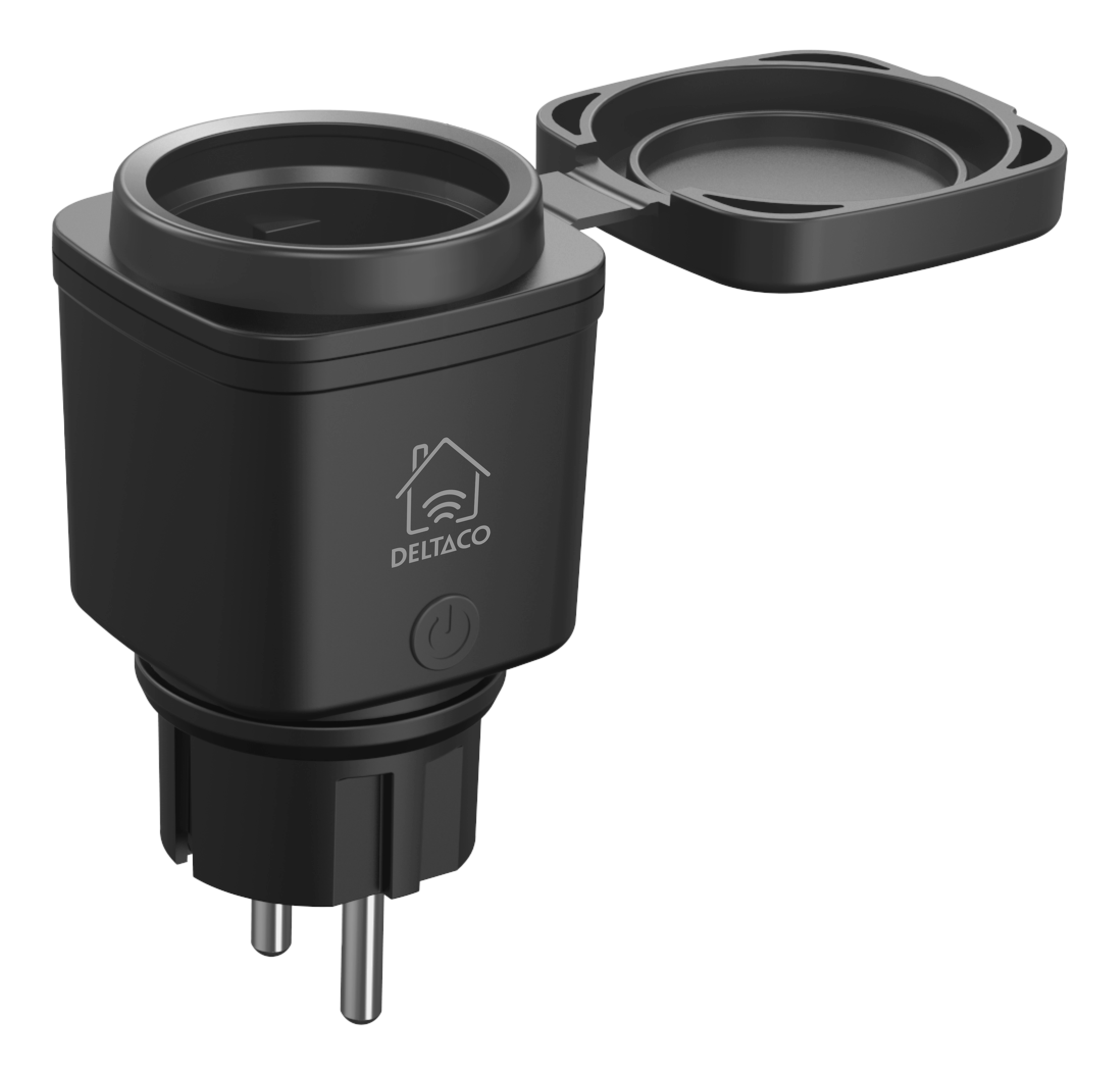 Schwarzer intelligenter Stecker mit offenem Deckel und DELTACO-Logo.