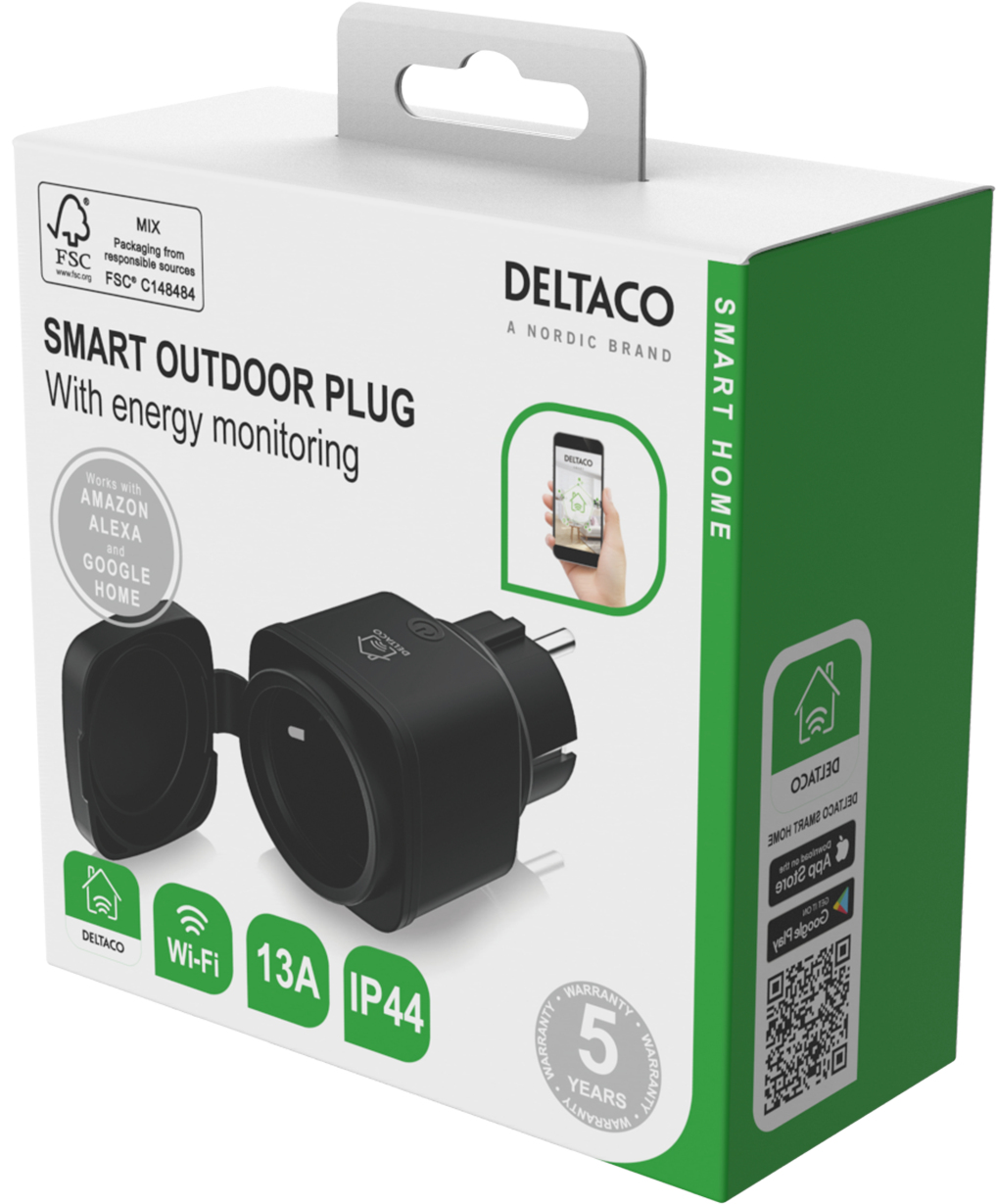 Schwarzer DELTACO Smart Outdoor Plug mit Energieüberwachung. Kompatibel mit Alexa & Google.