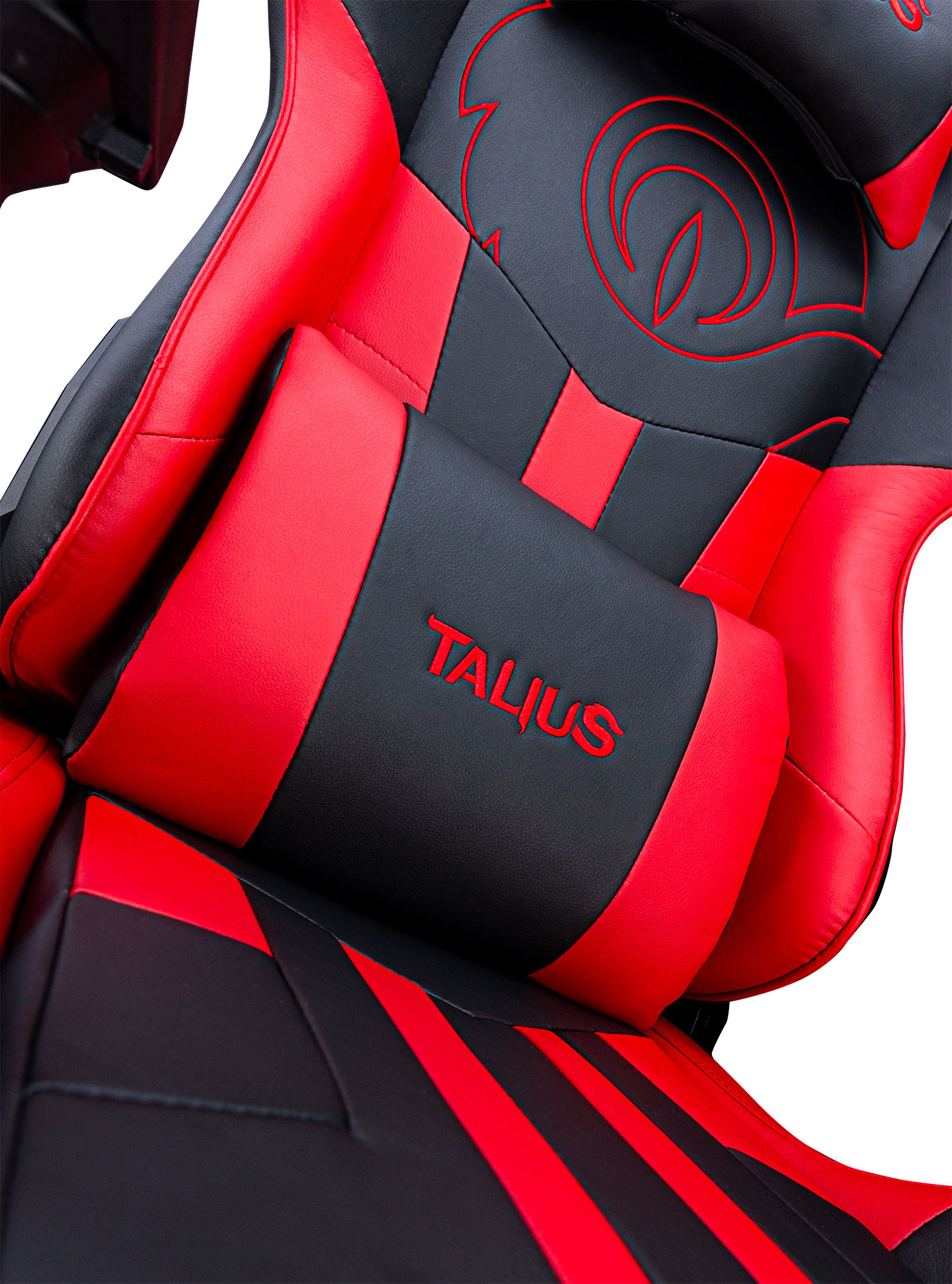 Una silla gamer roja y negra con un cojín con el nombre TALIUS.
