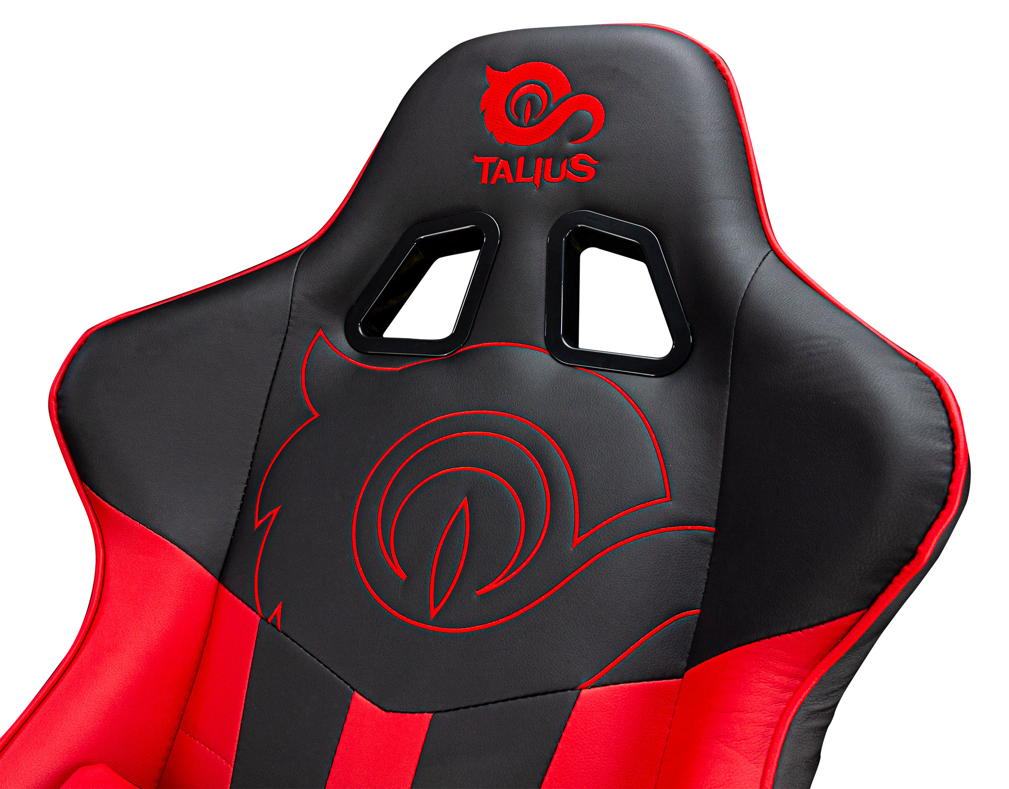 Silla gaming negra con detalles rojos y logo, fondo blanco