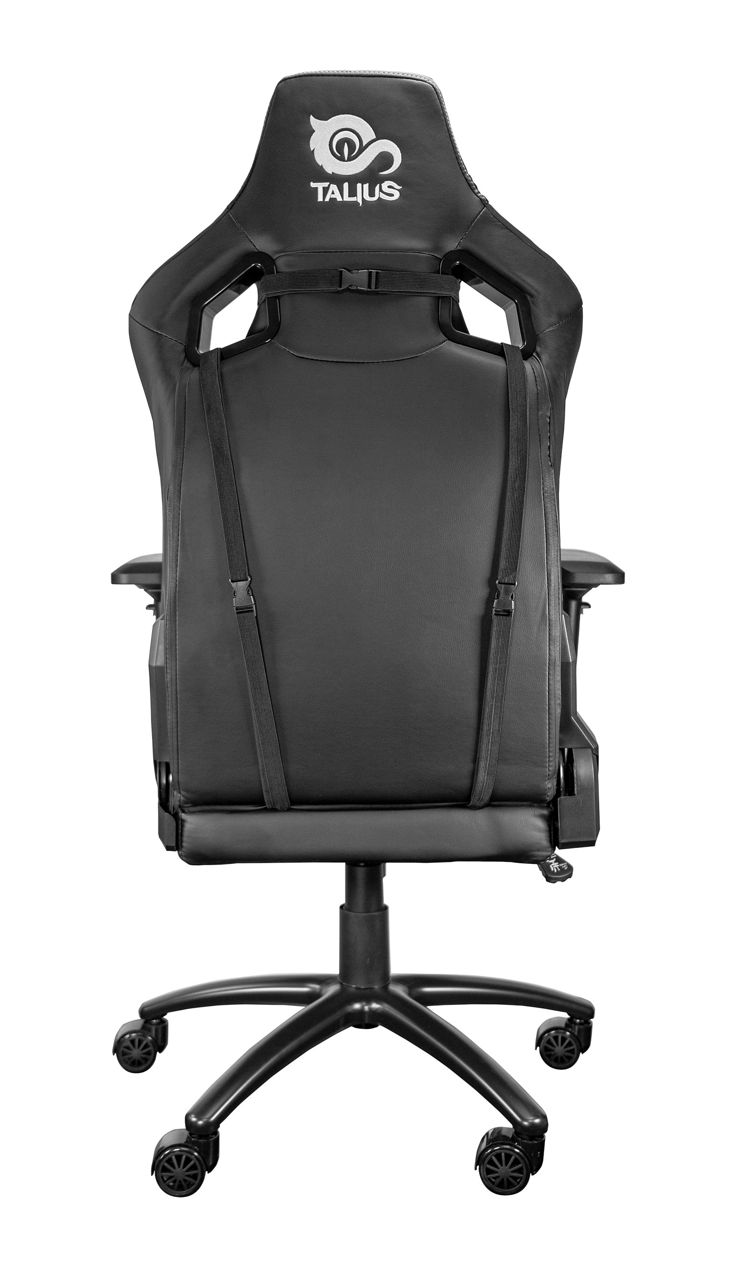 Silla gamer negra con logo blanco y ruedas.