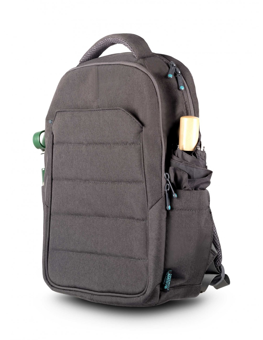 Ein grauer Rucksack mit gepolstertem Fach, seitlichen Taschen und einem Griff.